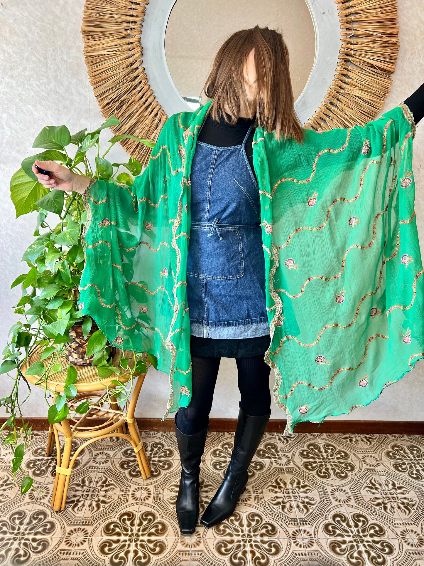1970's vintage sheer green shawl with multicolor floral embroidery