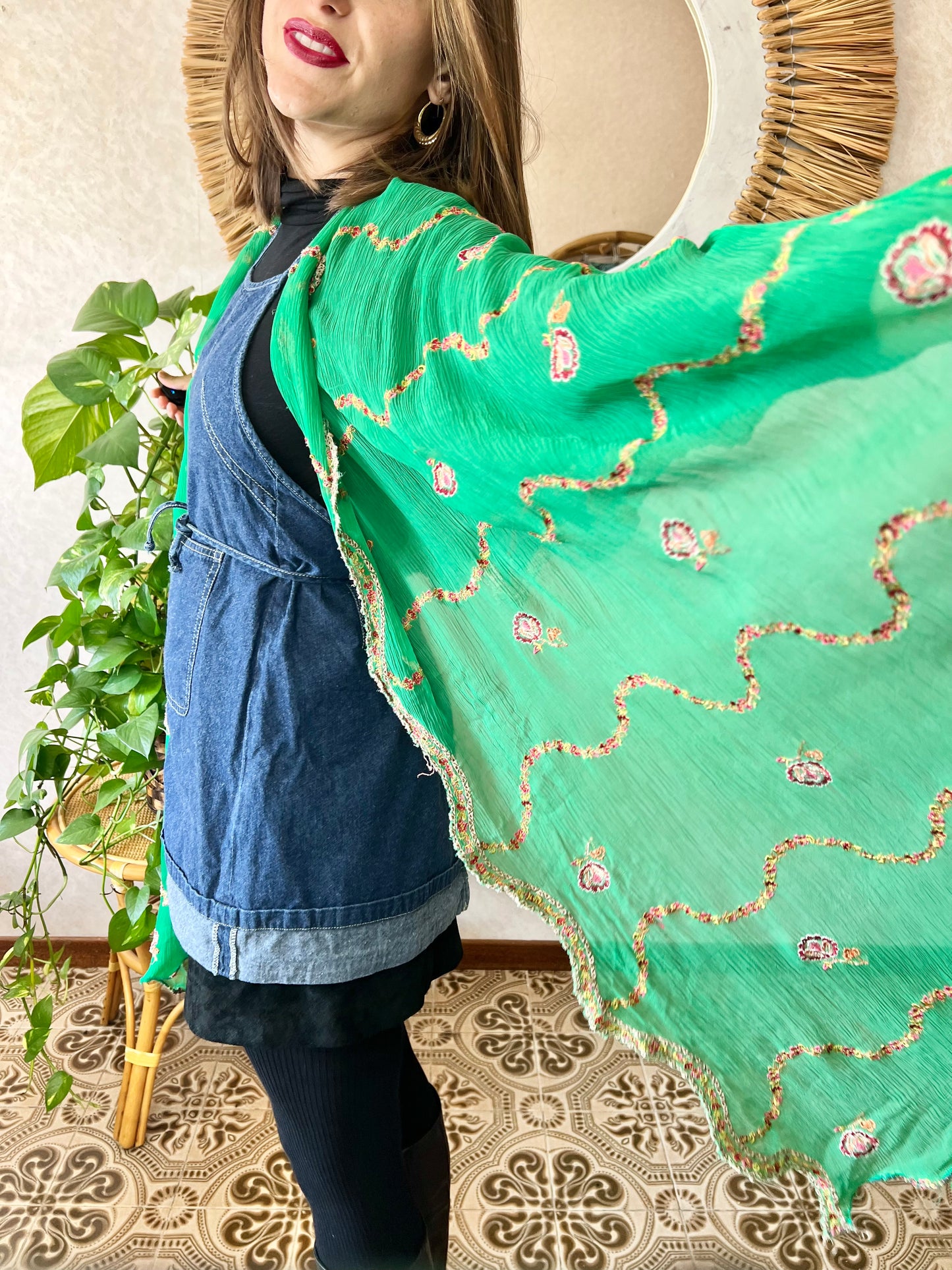 1970's vintage sheer green shawl with multicolor floral embroidery