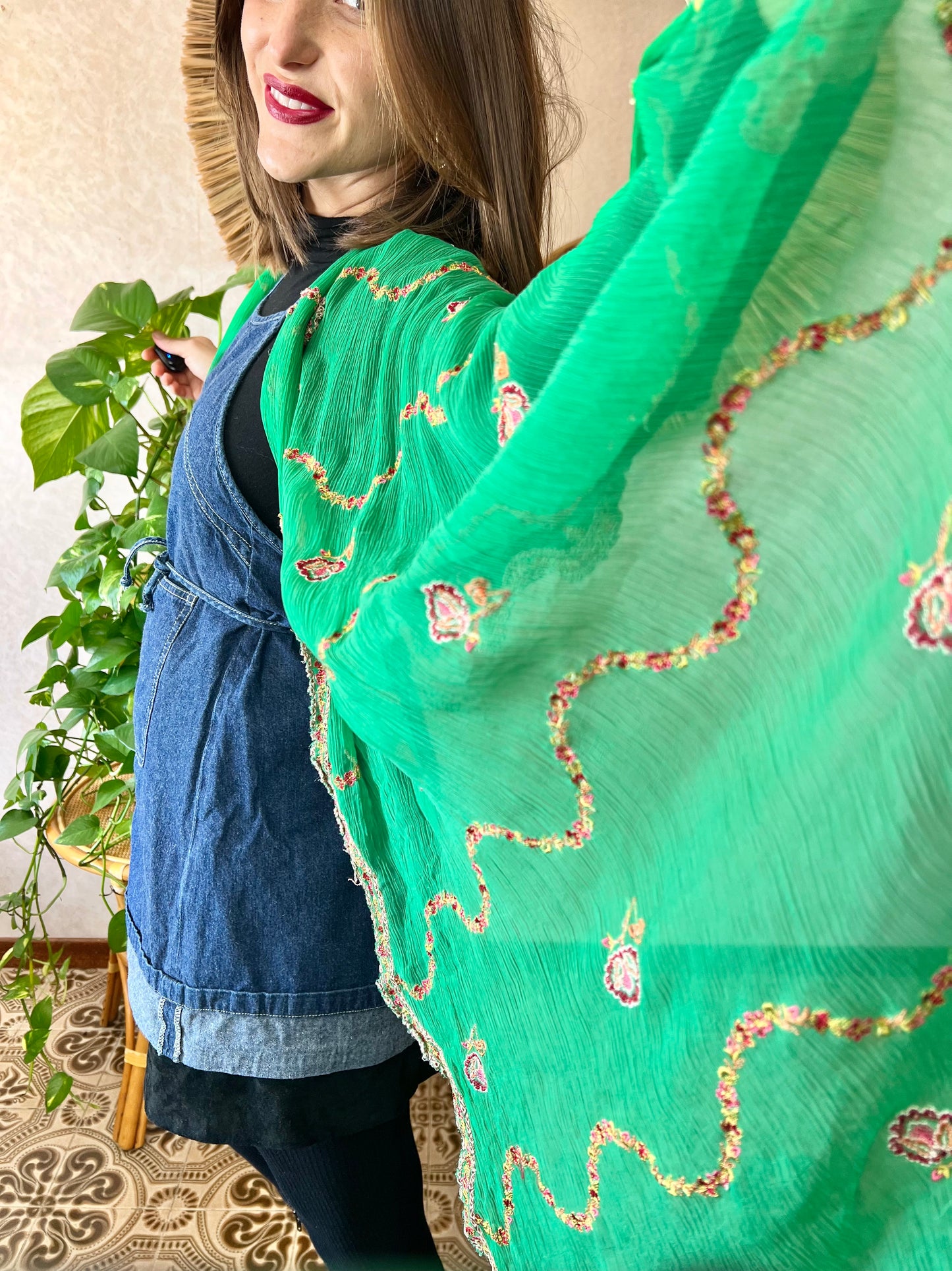 1970's vintage sheer green shawl with multicolor floral embroidery