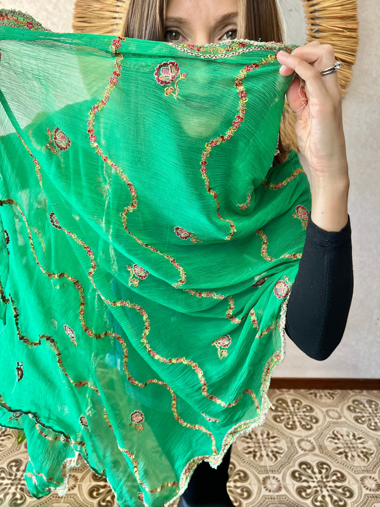 1970's vintage sheer green shawl with multicolor floral embroidery