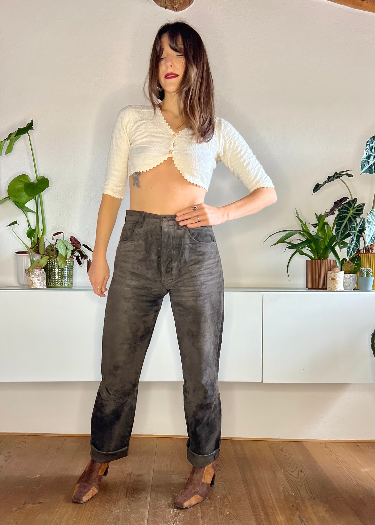 1970's vintage chocolate brown genuine leather suede pants