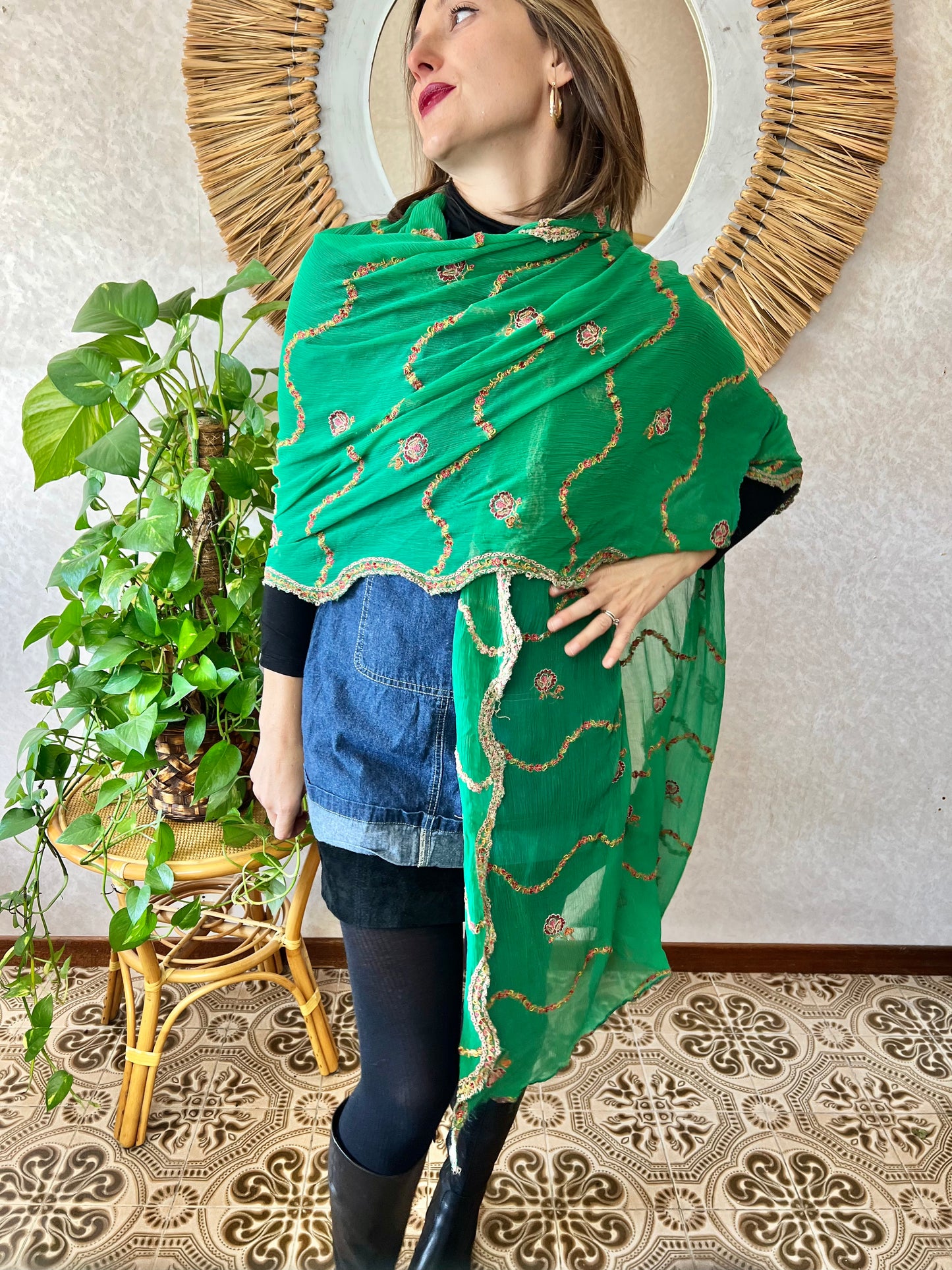 1970's vintage sheer green shawl with multicolor floral embroidery