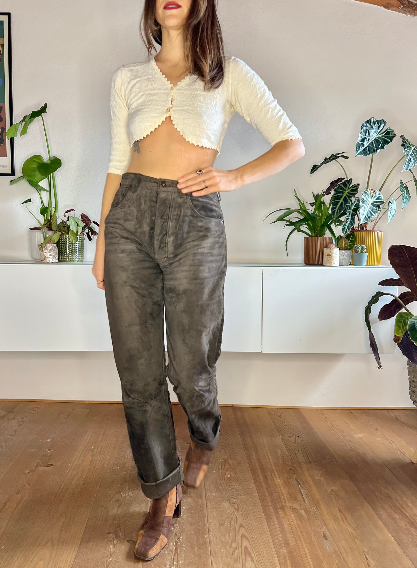 1970's vintage chocolate brown genuine leather suede pants