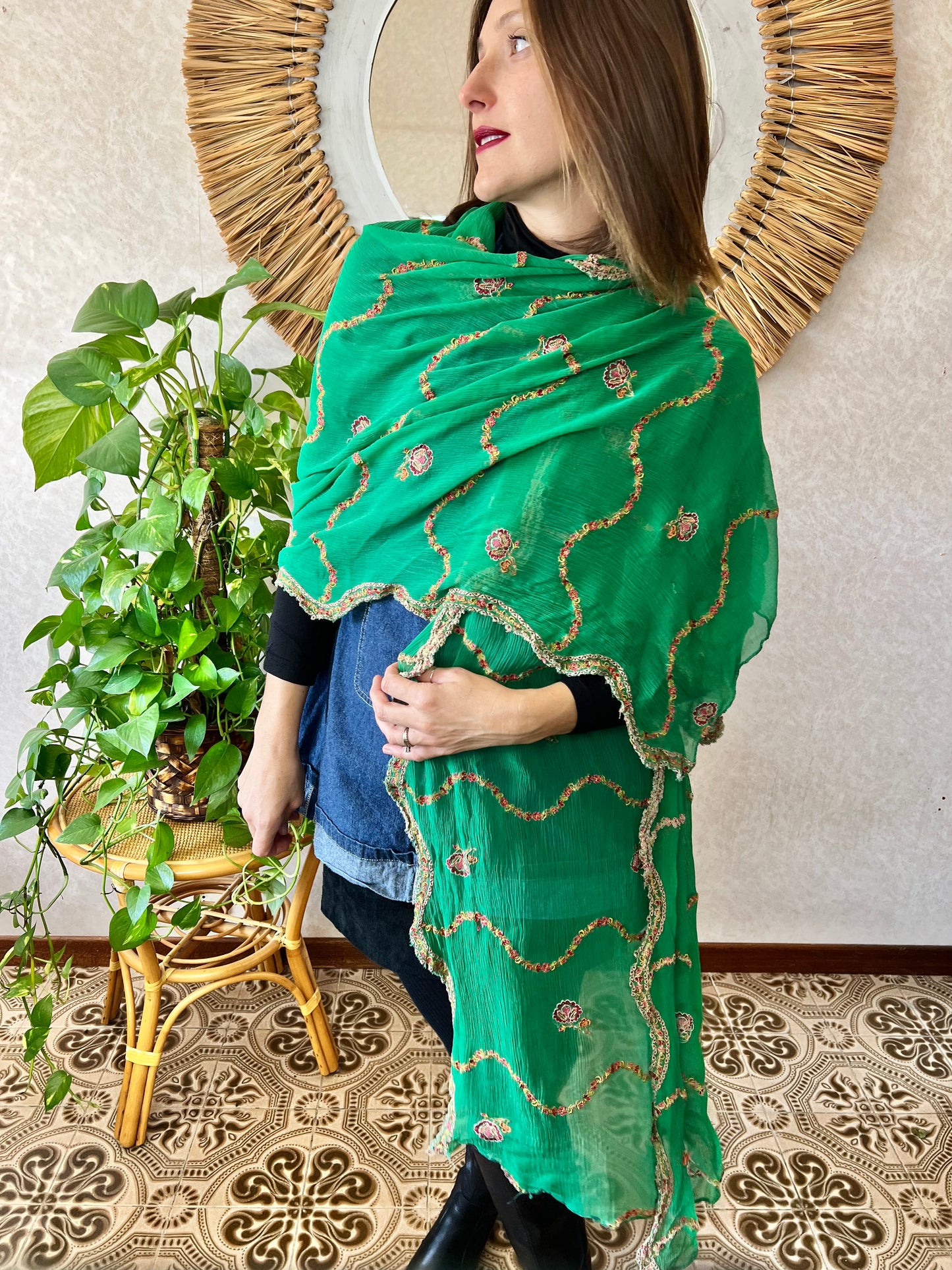 1970's vintage sheer green shawl with multicolor floral embroidery