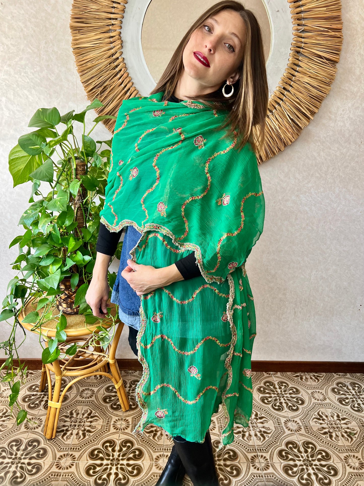 1970's vintage sheer green shawl with multicolor floral embroidery