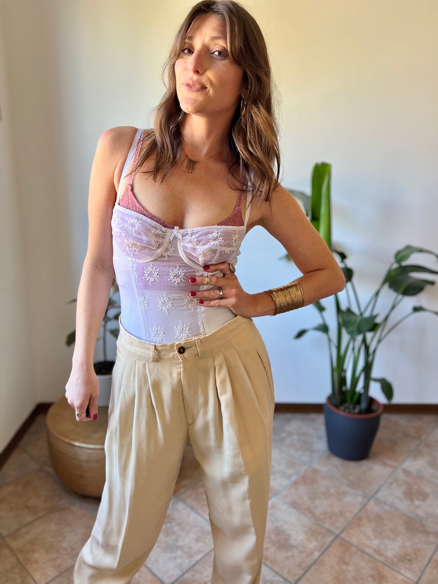 1970's vintage cream floral lace body suit