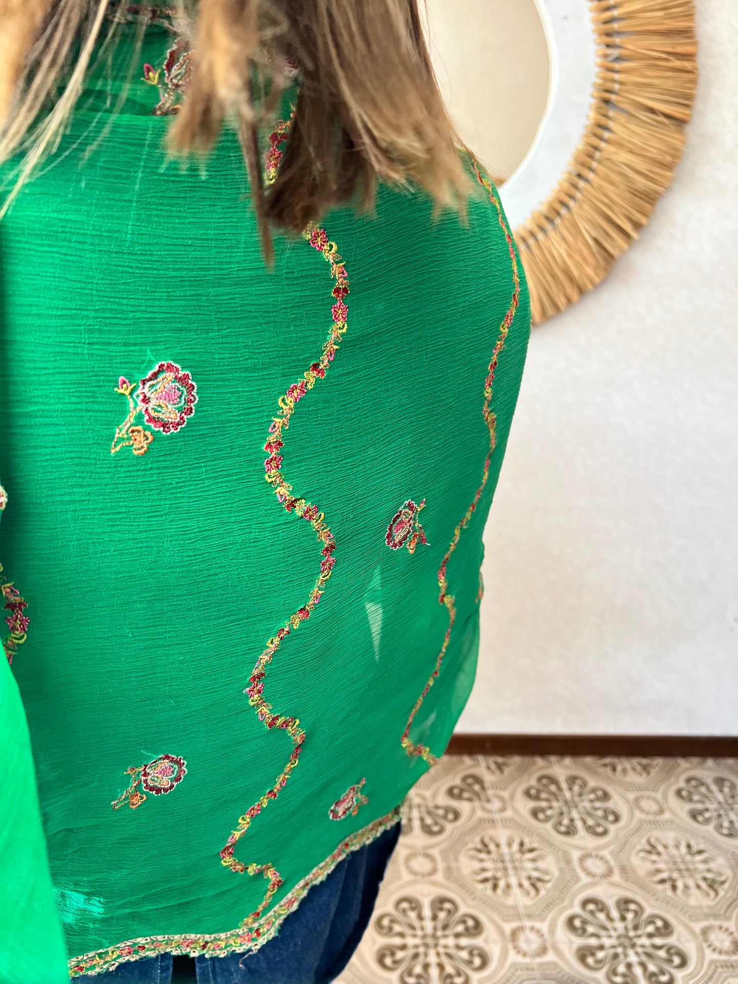 1970's vintage sheer green shawl with multicolor floral embroidery