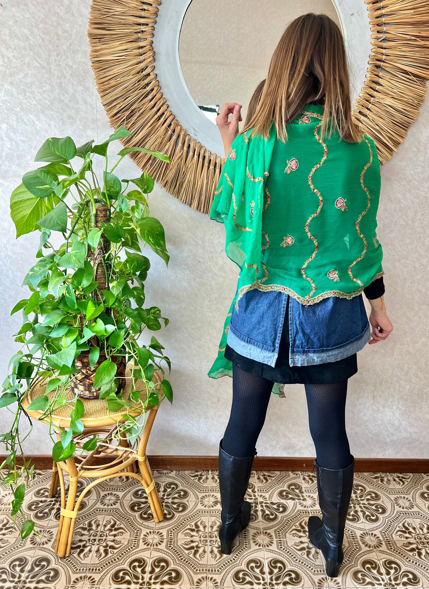 1970's vintage sheer green shawl with multicolor floral embroidery