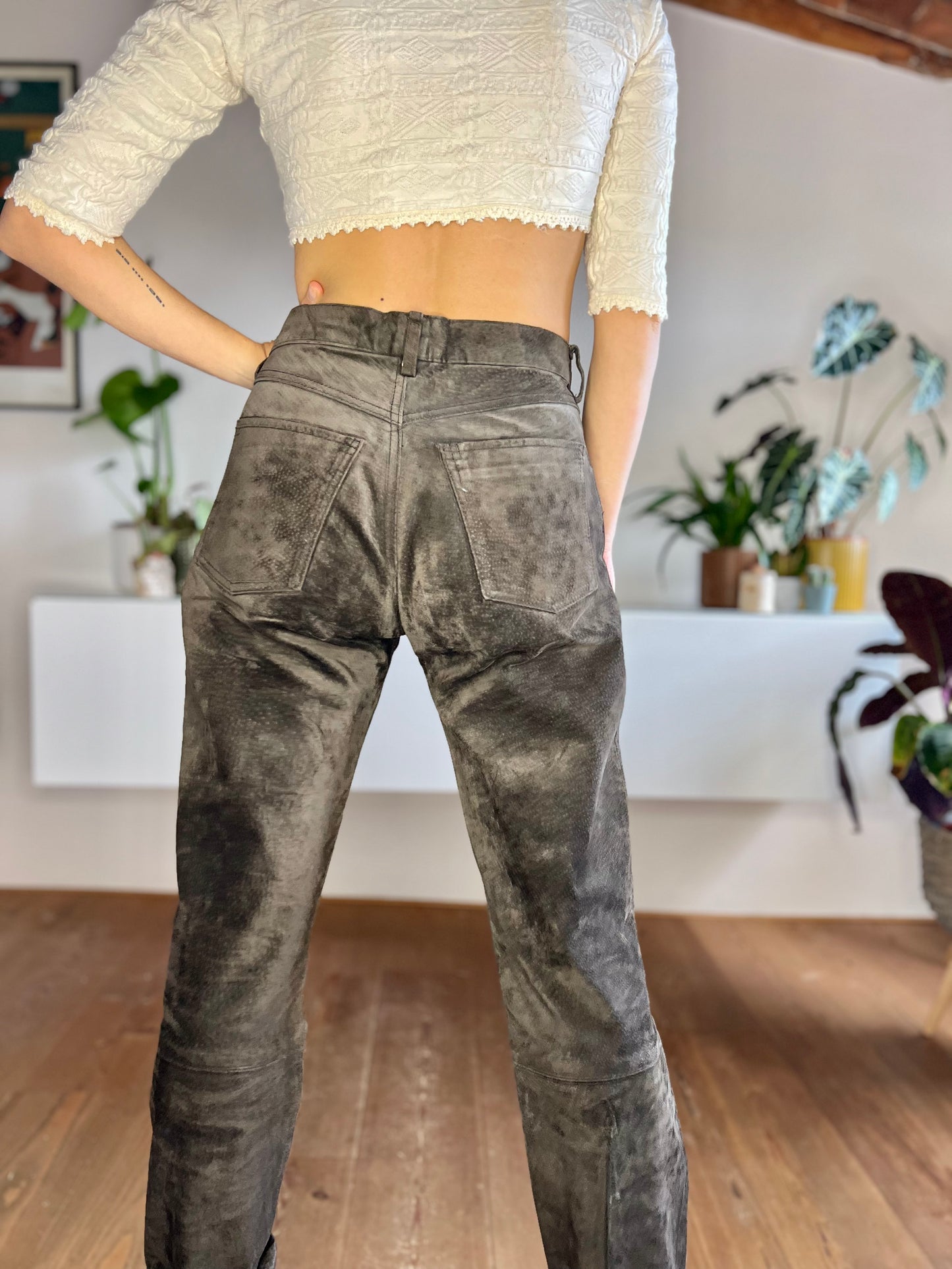 1970's vintage chocolate brown genuine leather suede pants