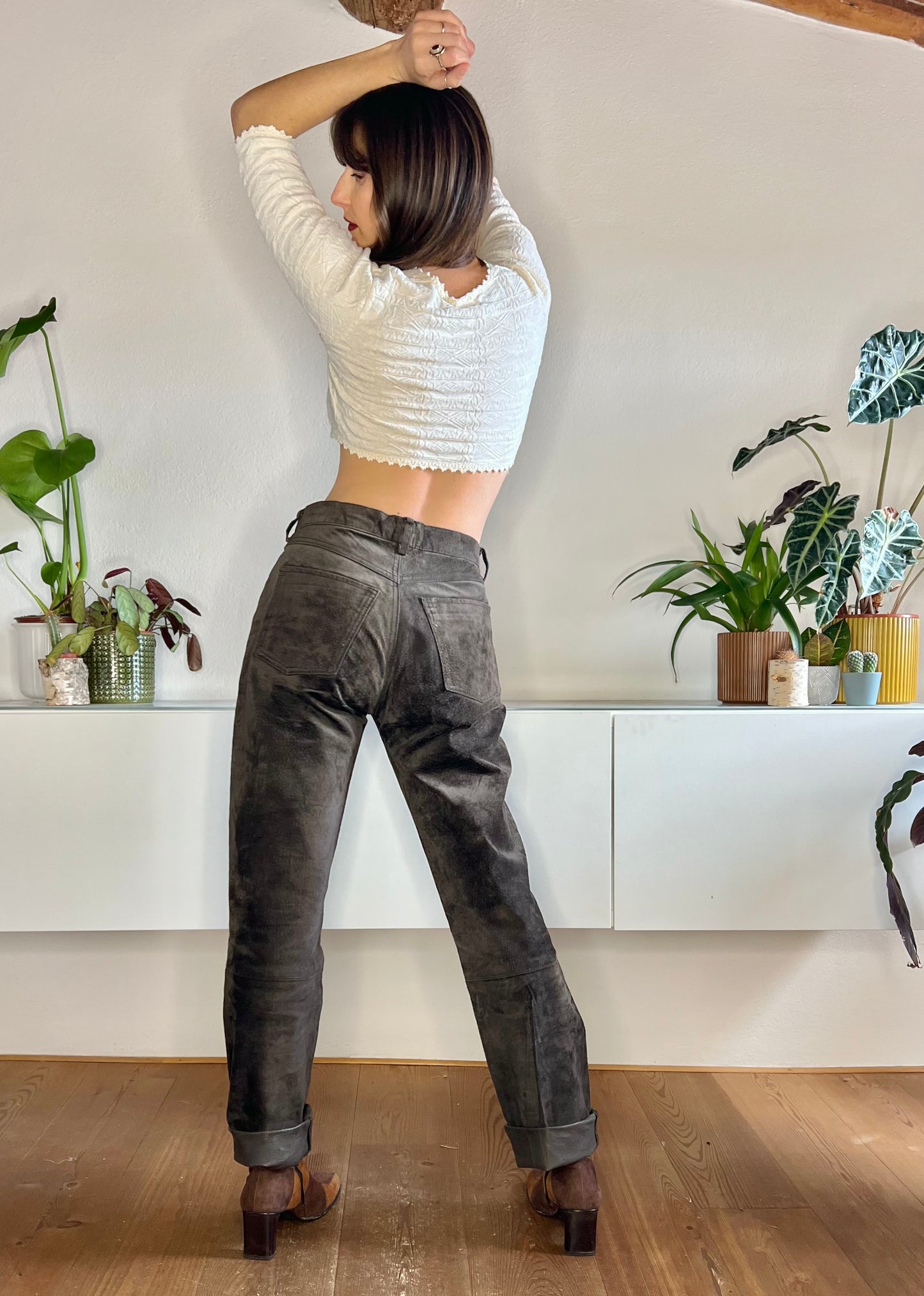 1970's vintage chocolate brown genuine leather suede pants