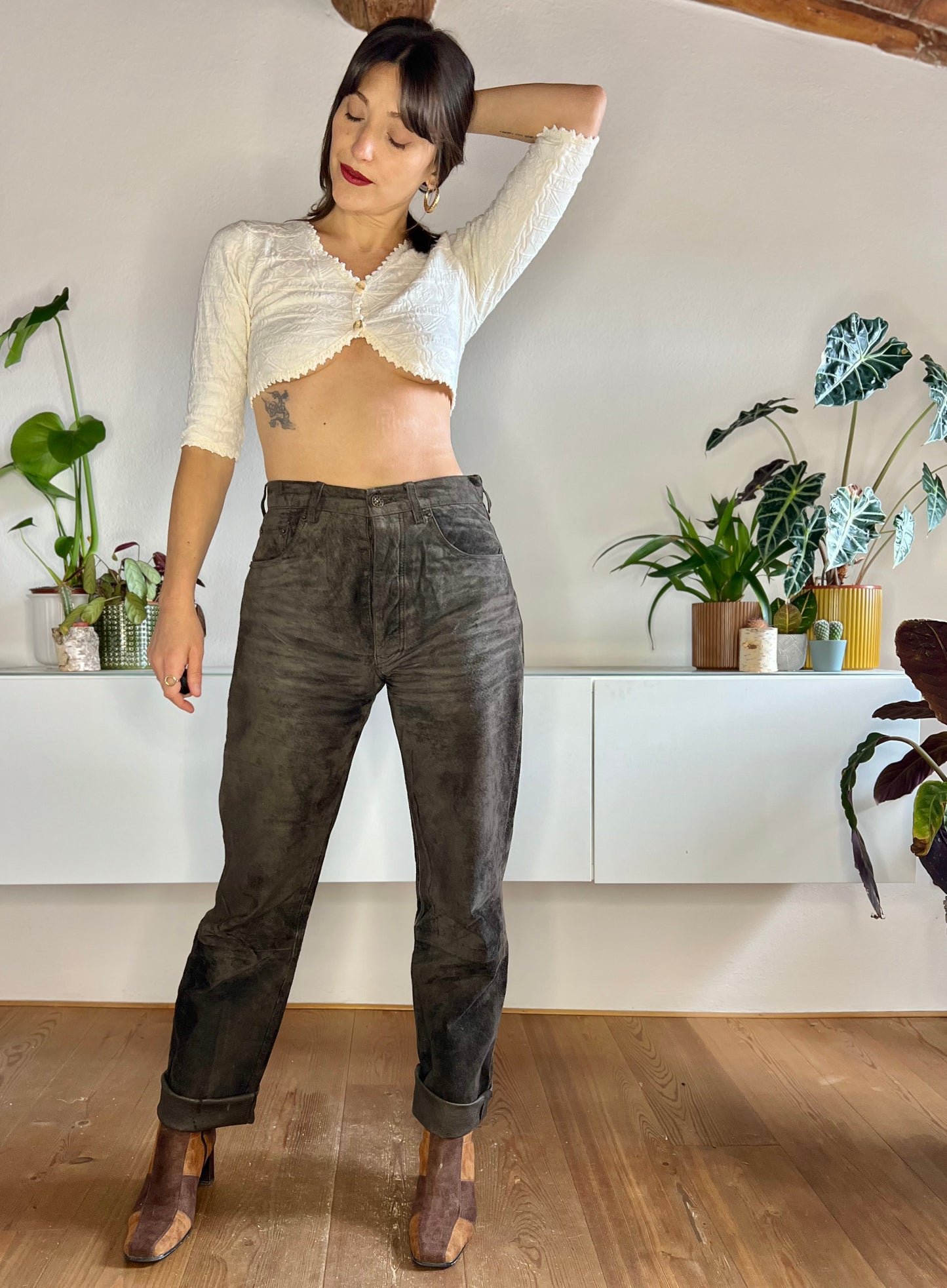 1970's vintage chocolate brown genuine leather suede pants