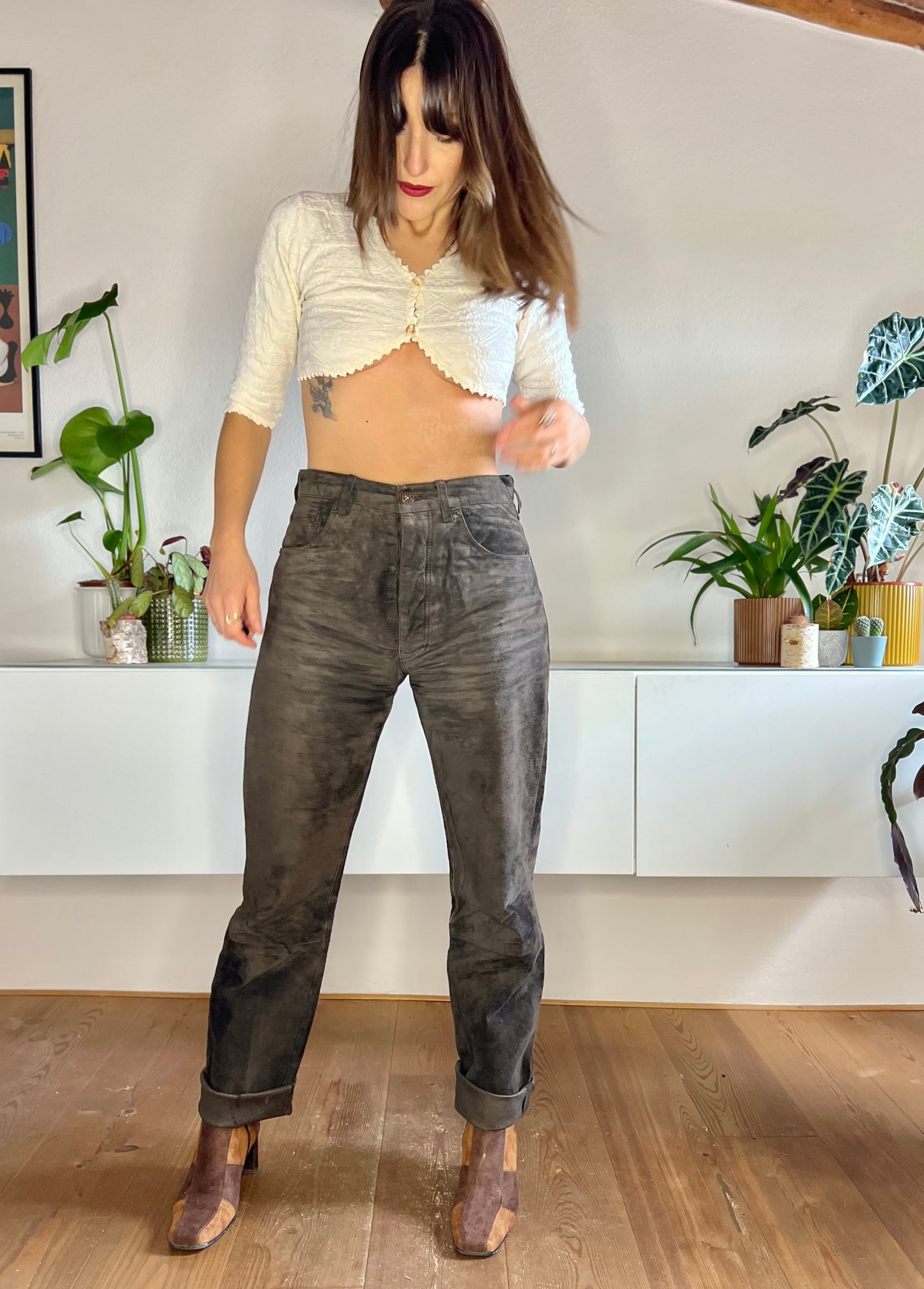 1970's vintage chocolate brown genuine leather suede pants