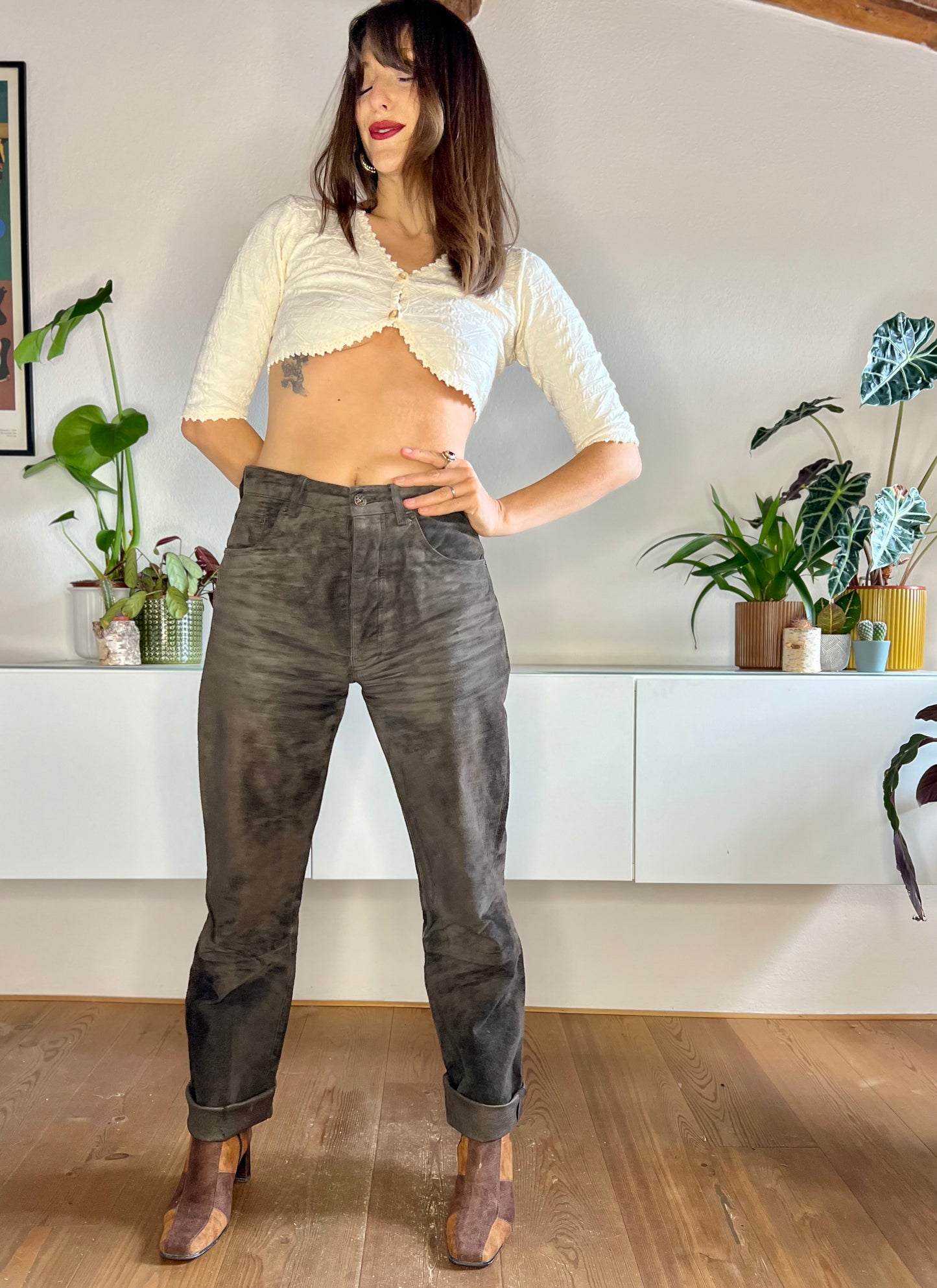 1970's vintage chocolate brown genuine leather suede pants