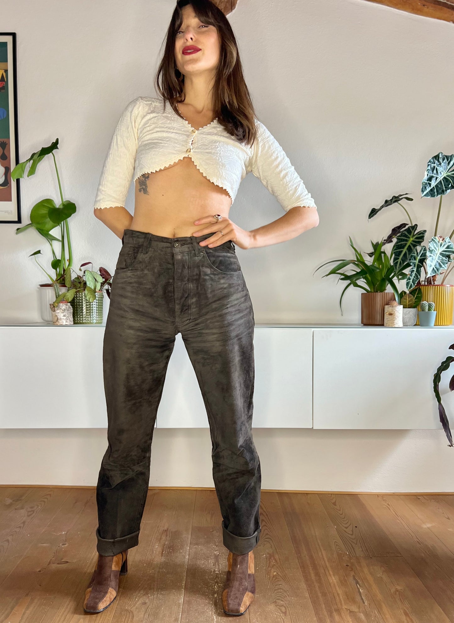 1970's vintage chocolate brown genuine leather suede pants