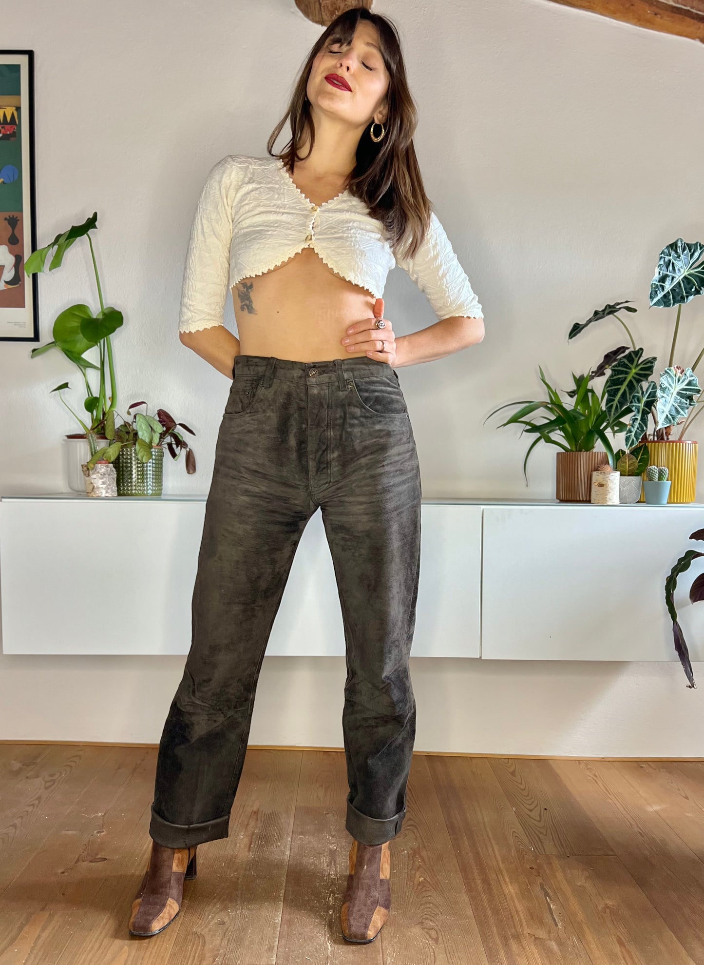 1970's vintage chocolate brown genuine leather suede pants