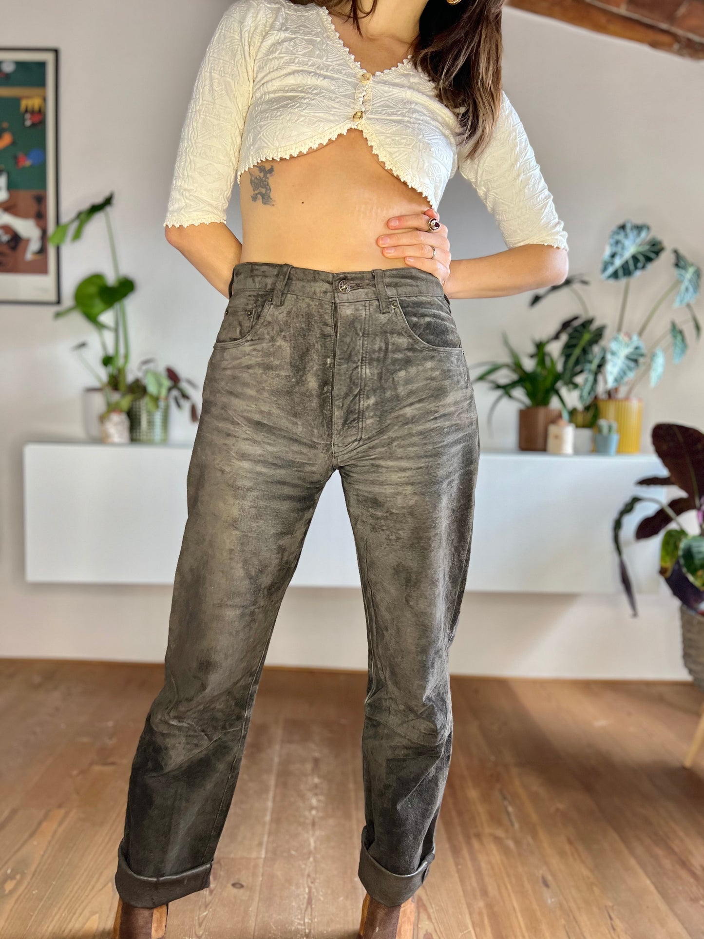 1970's vintage chocolate brown genuine leather suede pants