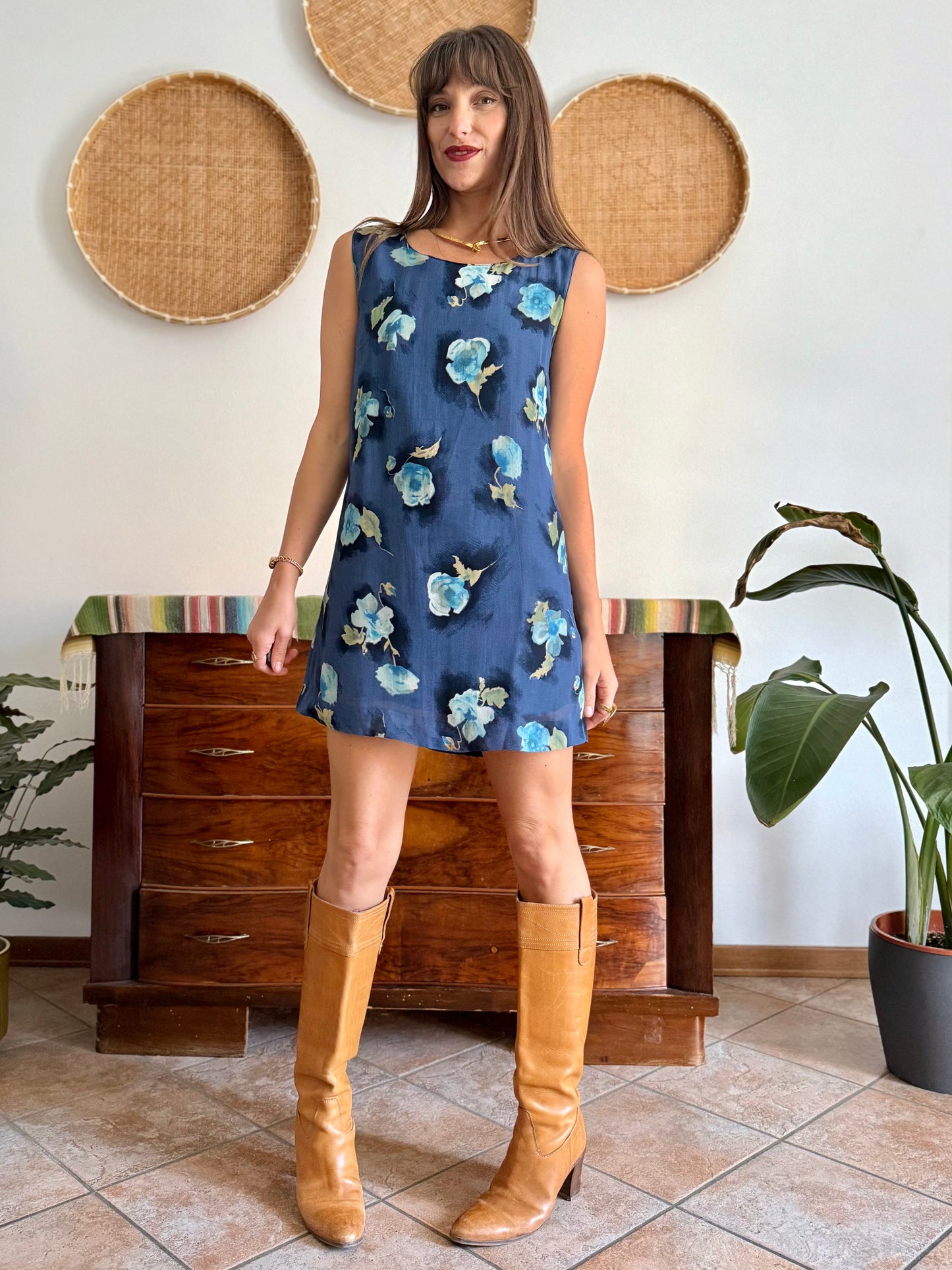 1990's vintage navy blue mini dress with turquiouse flowers
