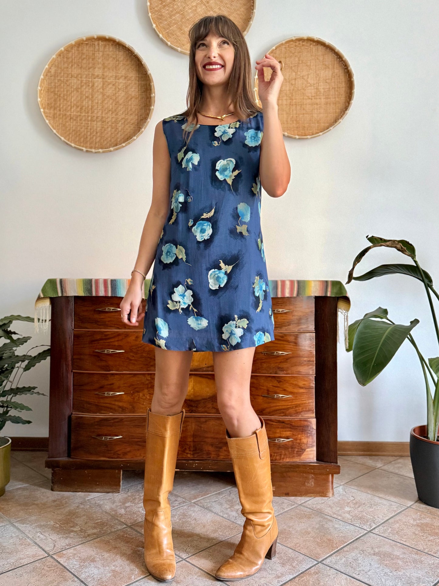 1990's vintage navy blue mini dress with turquiouse flowers