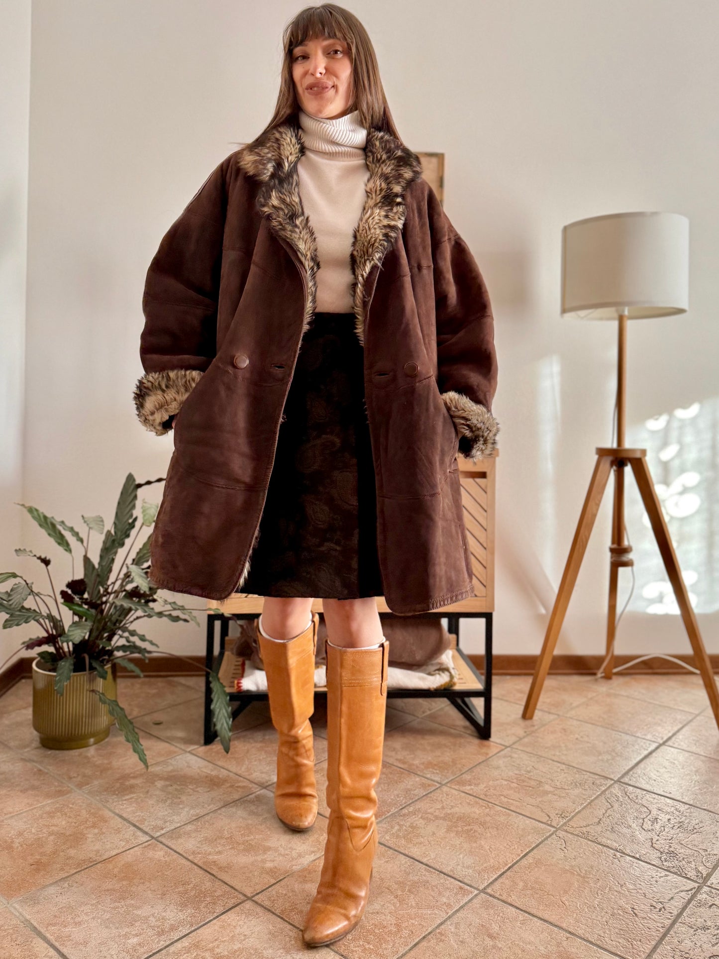 1970's vintage chocolate brown quilted shearling monotone coat with beige and brown lining