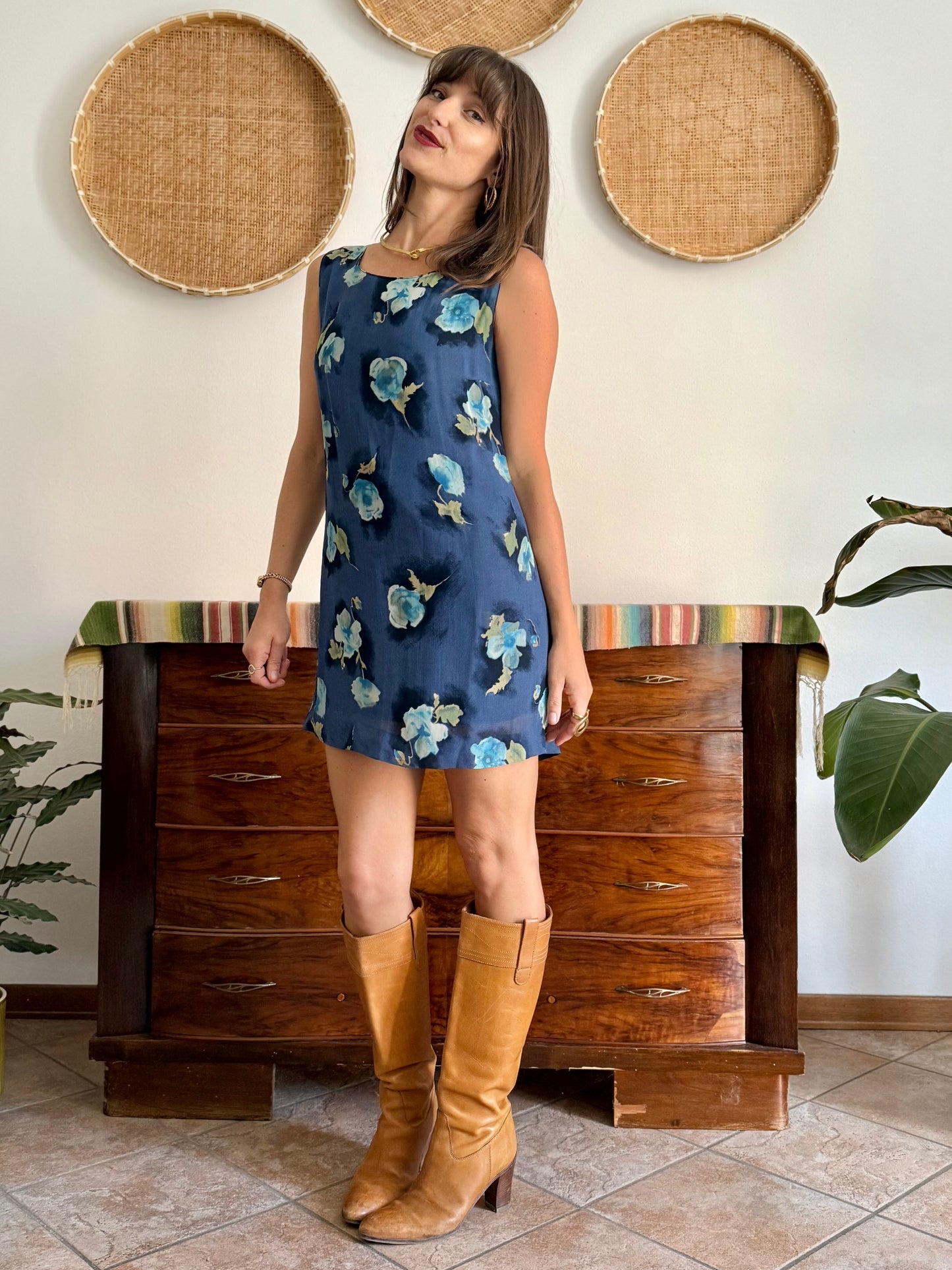 1990's vintage navy blue mini dress with turquiouse flowers