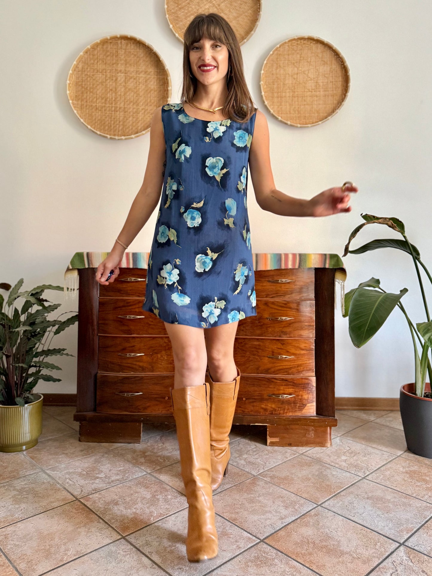 1990's vintage navy blue mini dress with turquiouse flowers