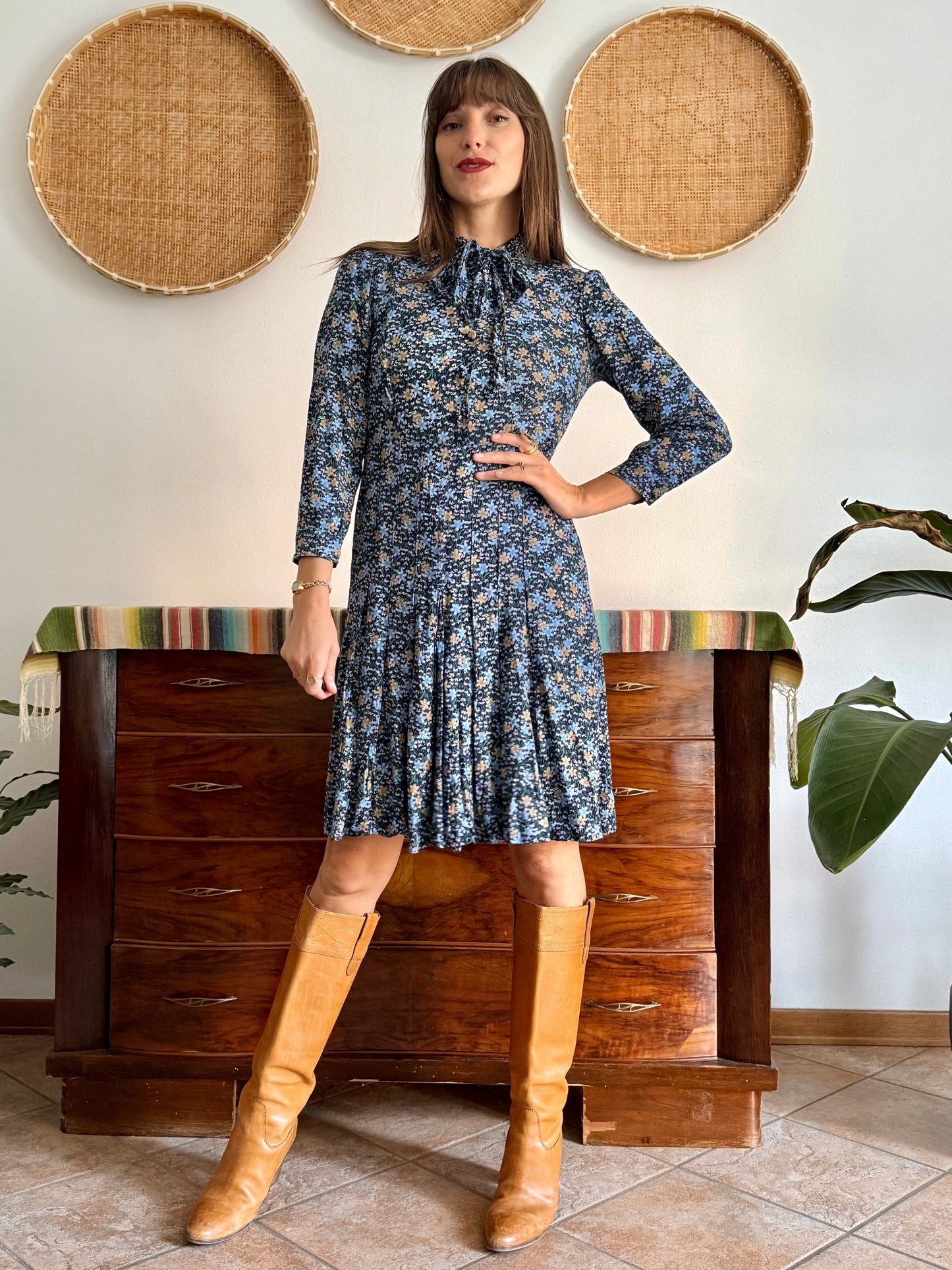 1970's vintage navy blue floral midi dress with bot tie neck