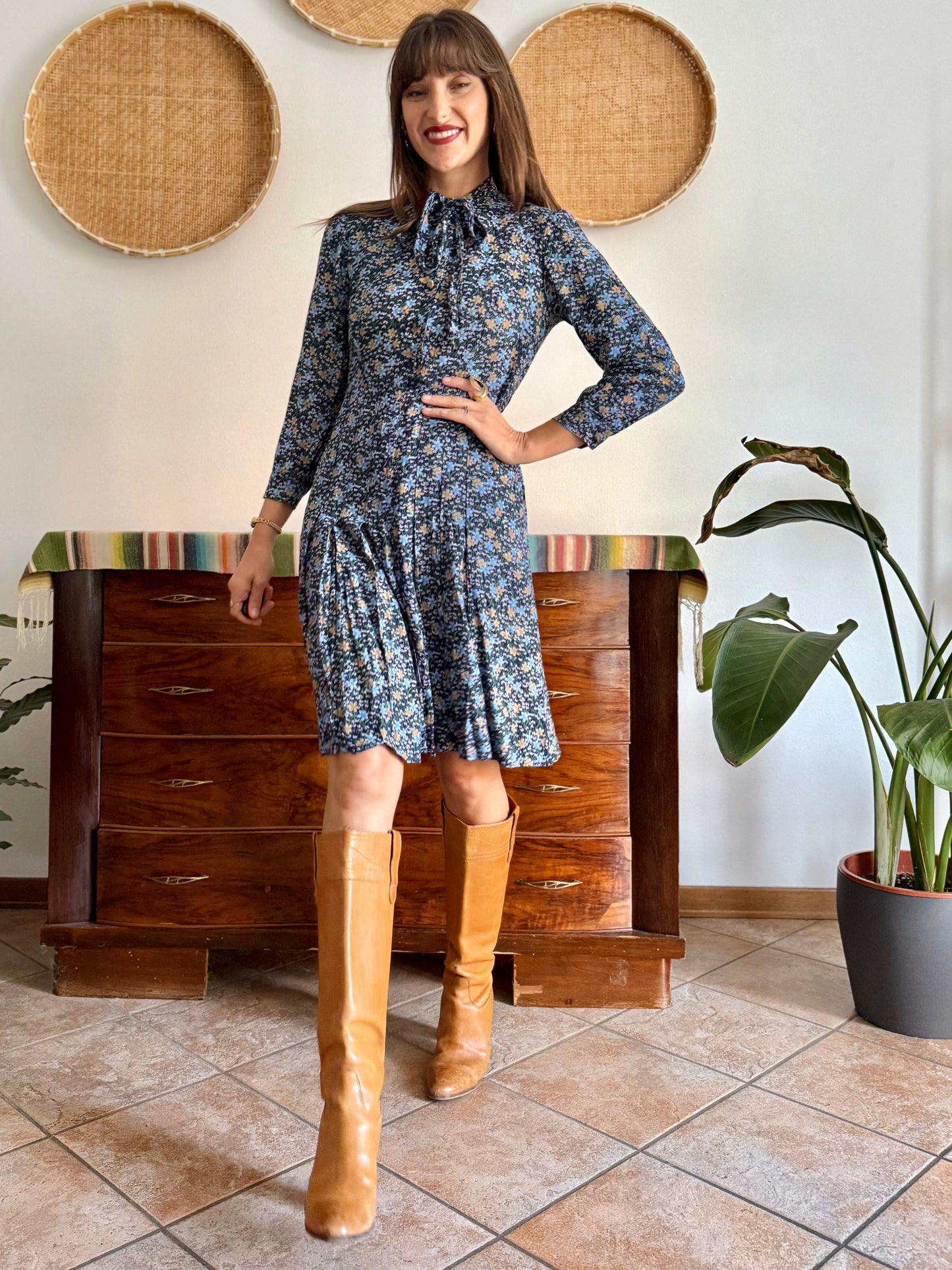 1970's vintage navy blue floral midi dress with bot tie neck