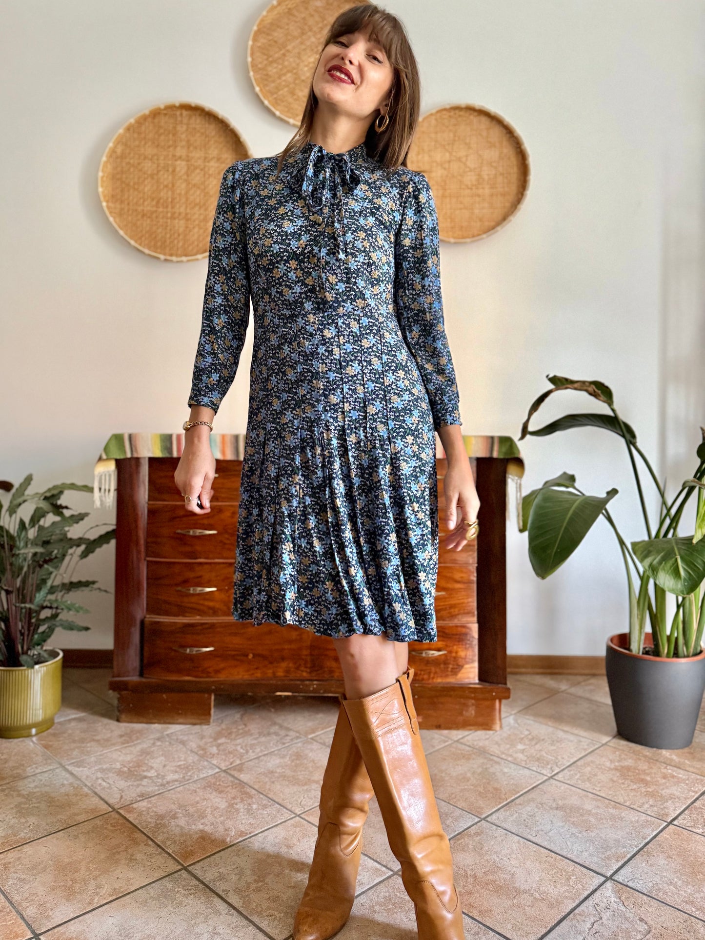 1970's vintage navy blue floral midi dress with bot tie neck