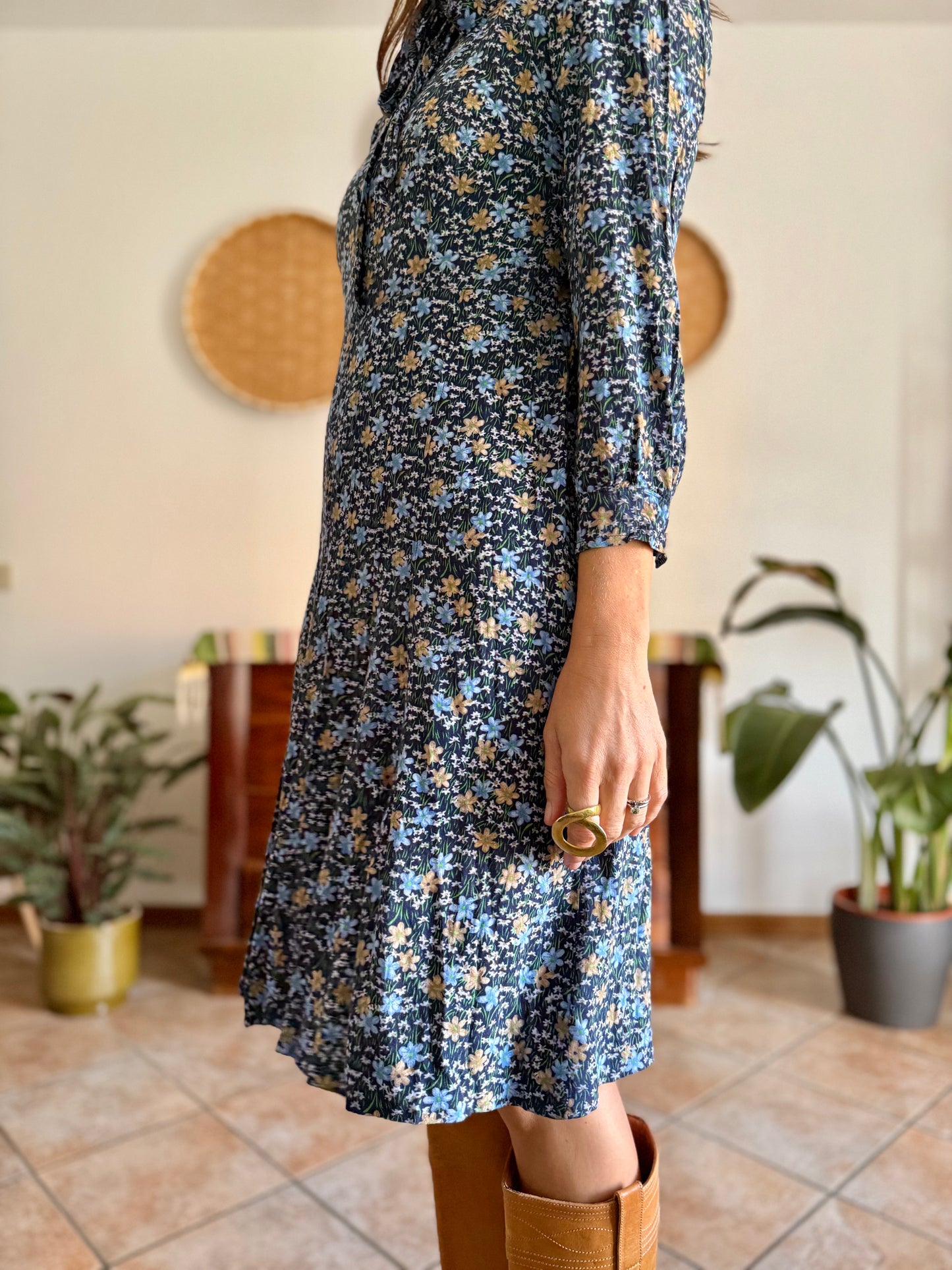 1970's vintage navy blue floral midi dress with bot tie neck