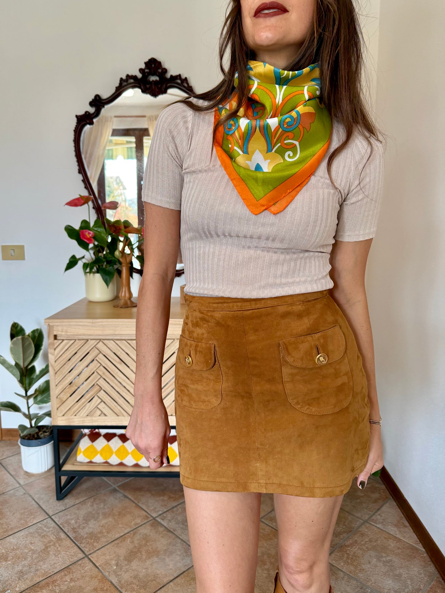 1960's vintage orange, green and blue mod floral print scarf