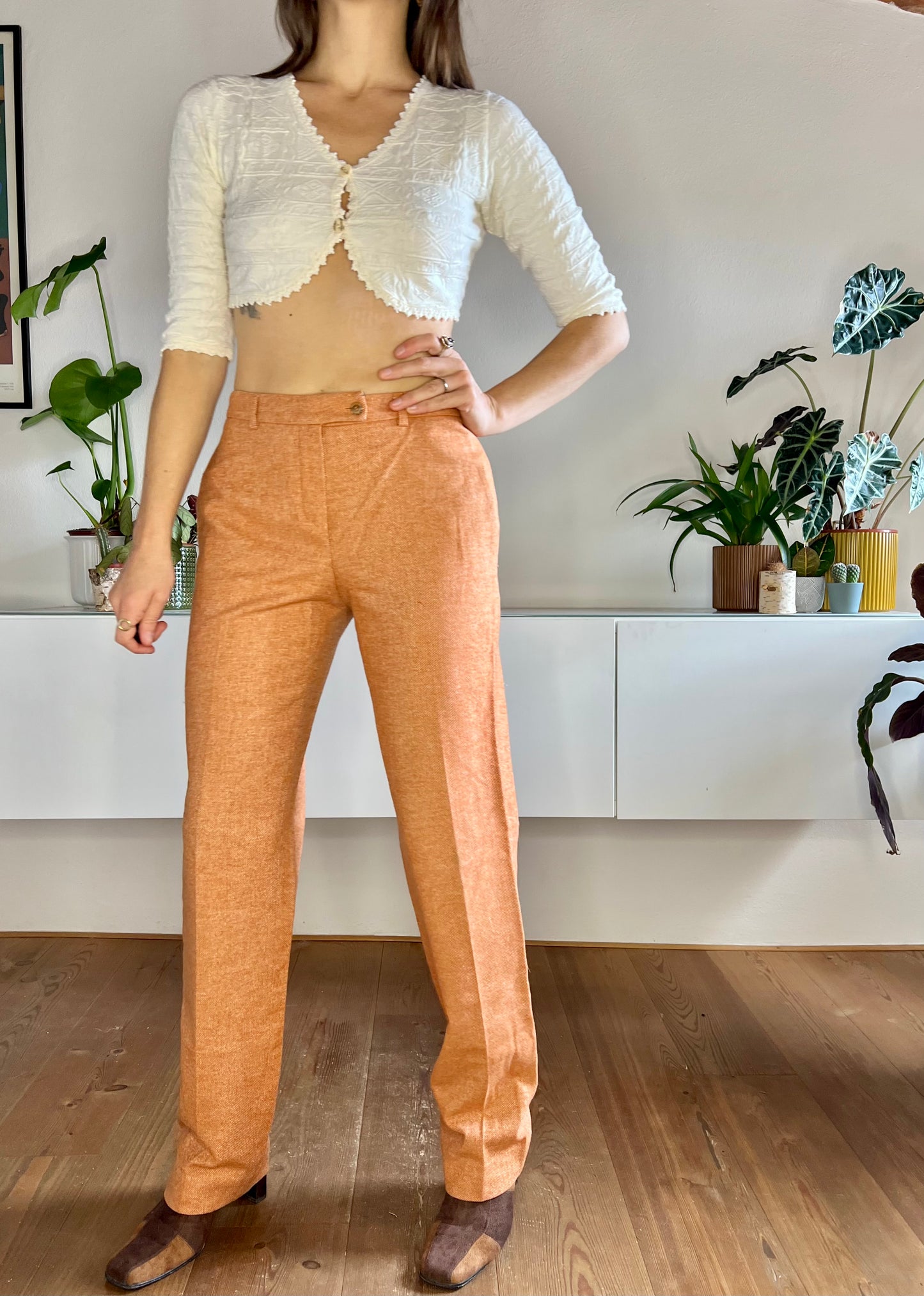 1990's vintage orange and cream textured wide leg wool trousers