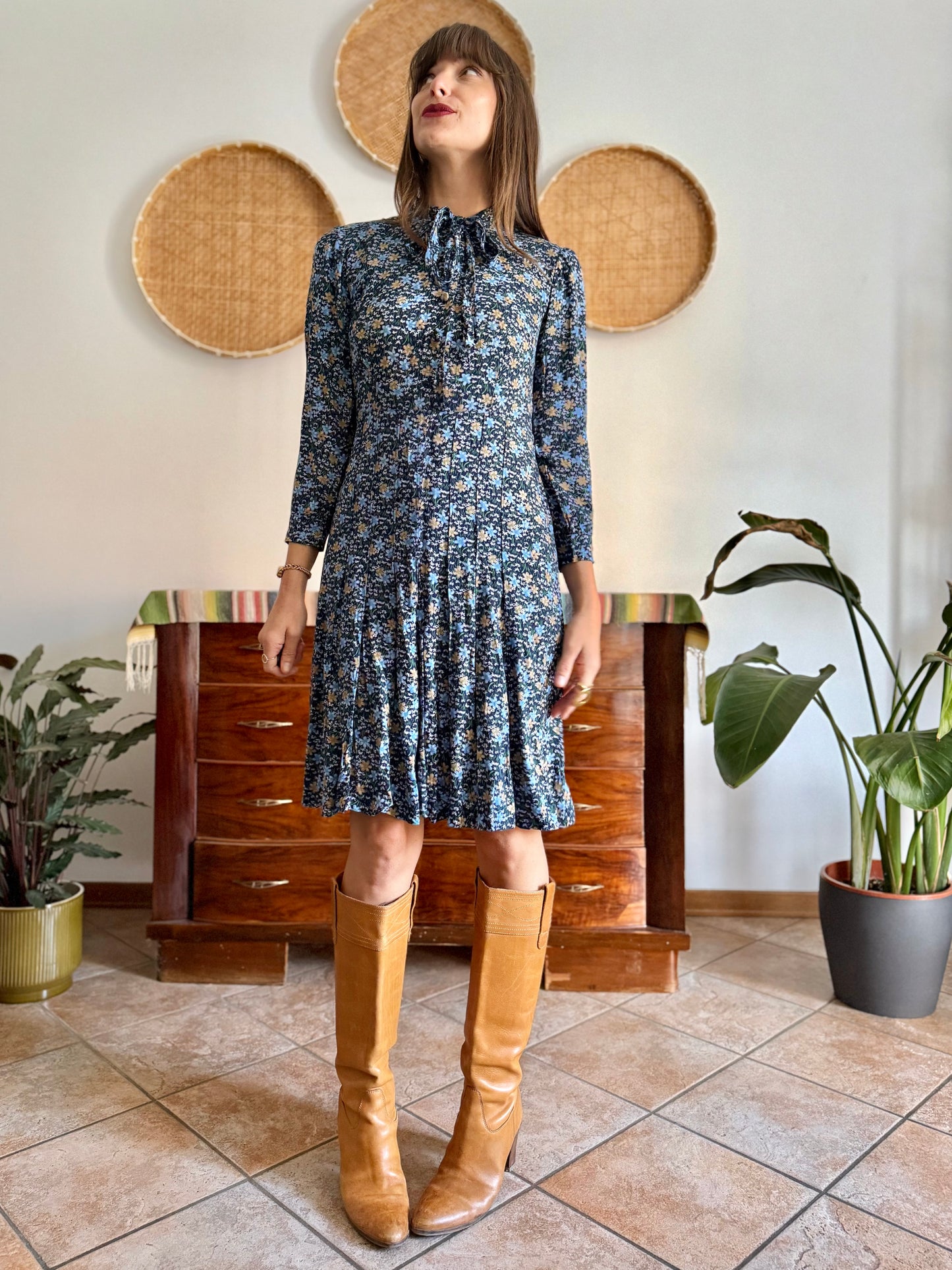 1970's vintage navy blue floral midi dress with bot tie neck