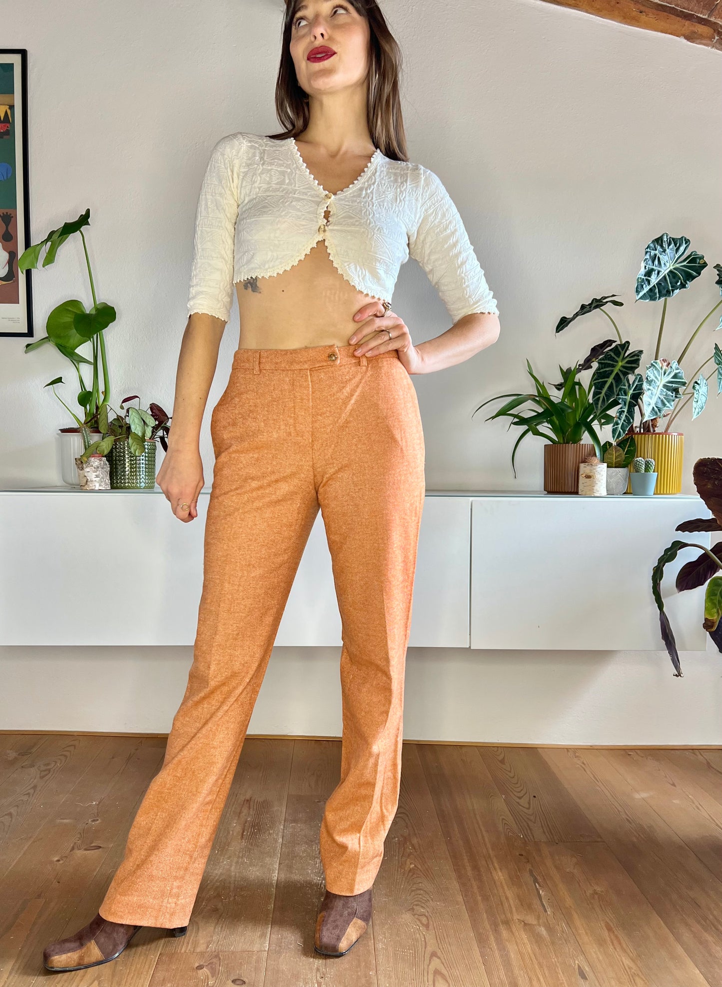 1990's vintage orange and cream textured wide leg wool trousers