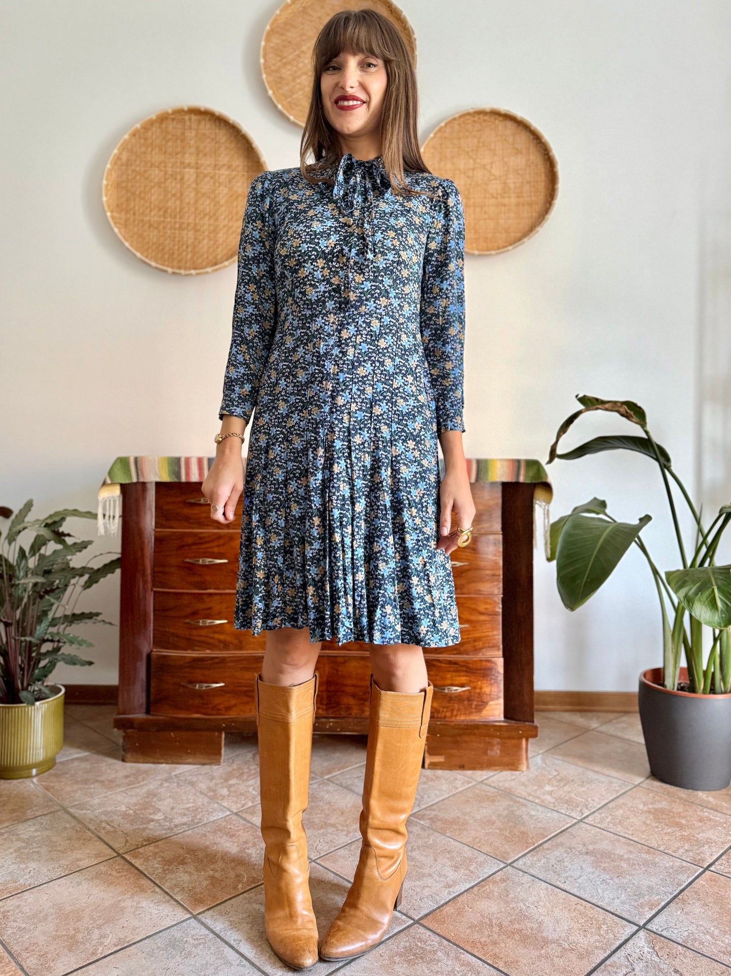 1970's vintage navy blue floral midi dress with bot tie neck