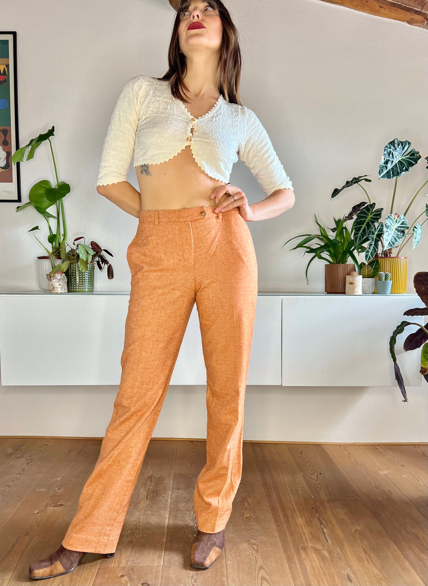 1990's vintage orange and cream textured wide leg wool trousers