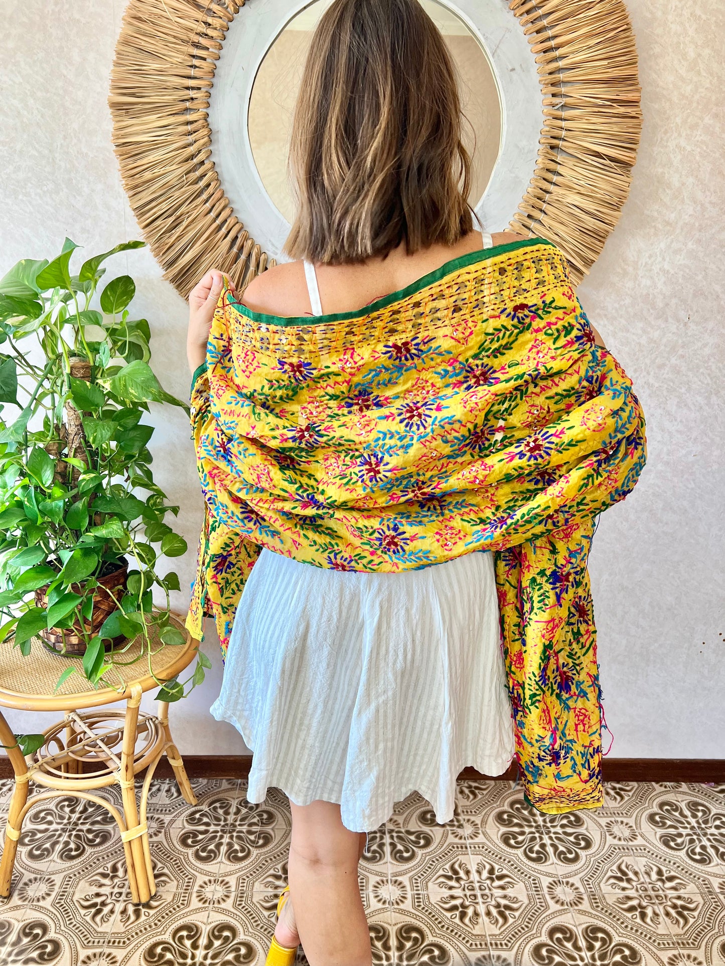 1970's vintage multicolor hand embroidered floral shawl