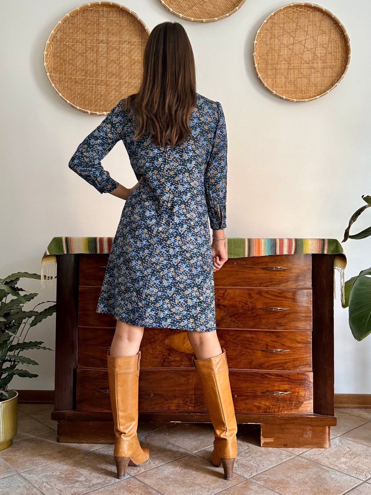 1970's vintage navy blue floral midi dress with bot tie neck