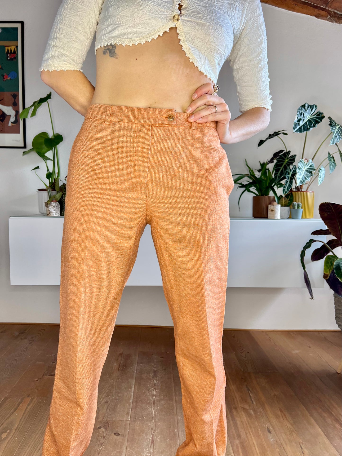1990's vintage orange and cream textured wide leg wool trousers