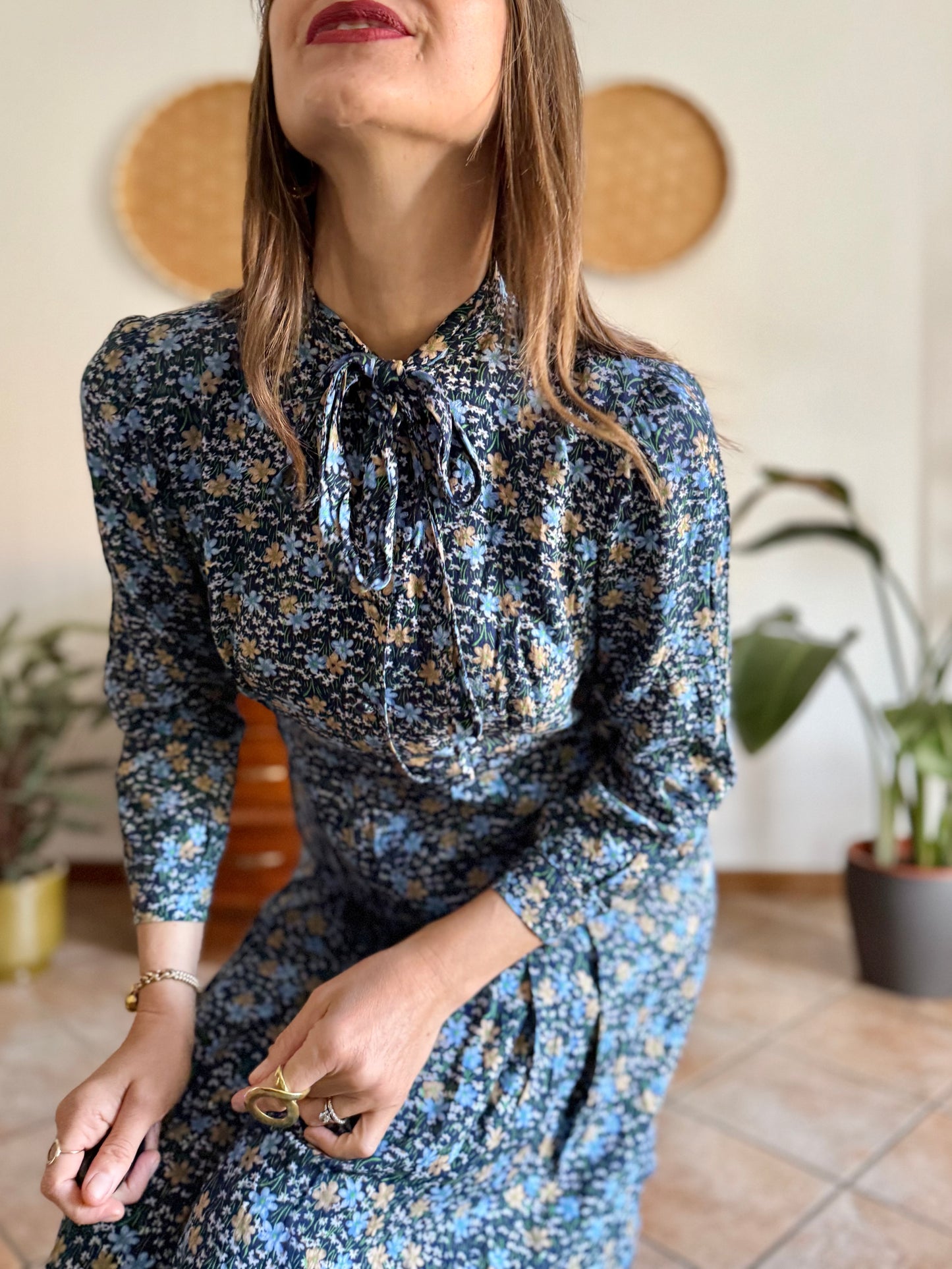 1970's vintage navy blue floral midi dress with bot tie neck