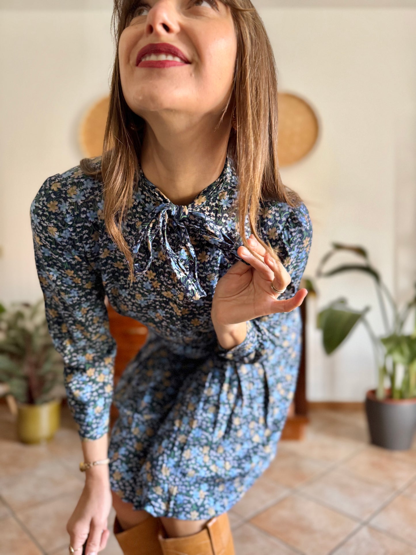 1970's vintage navy blue floral midi dress with bot tie neck