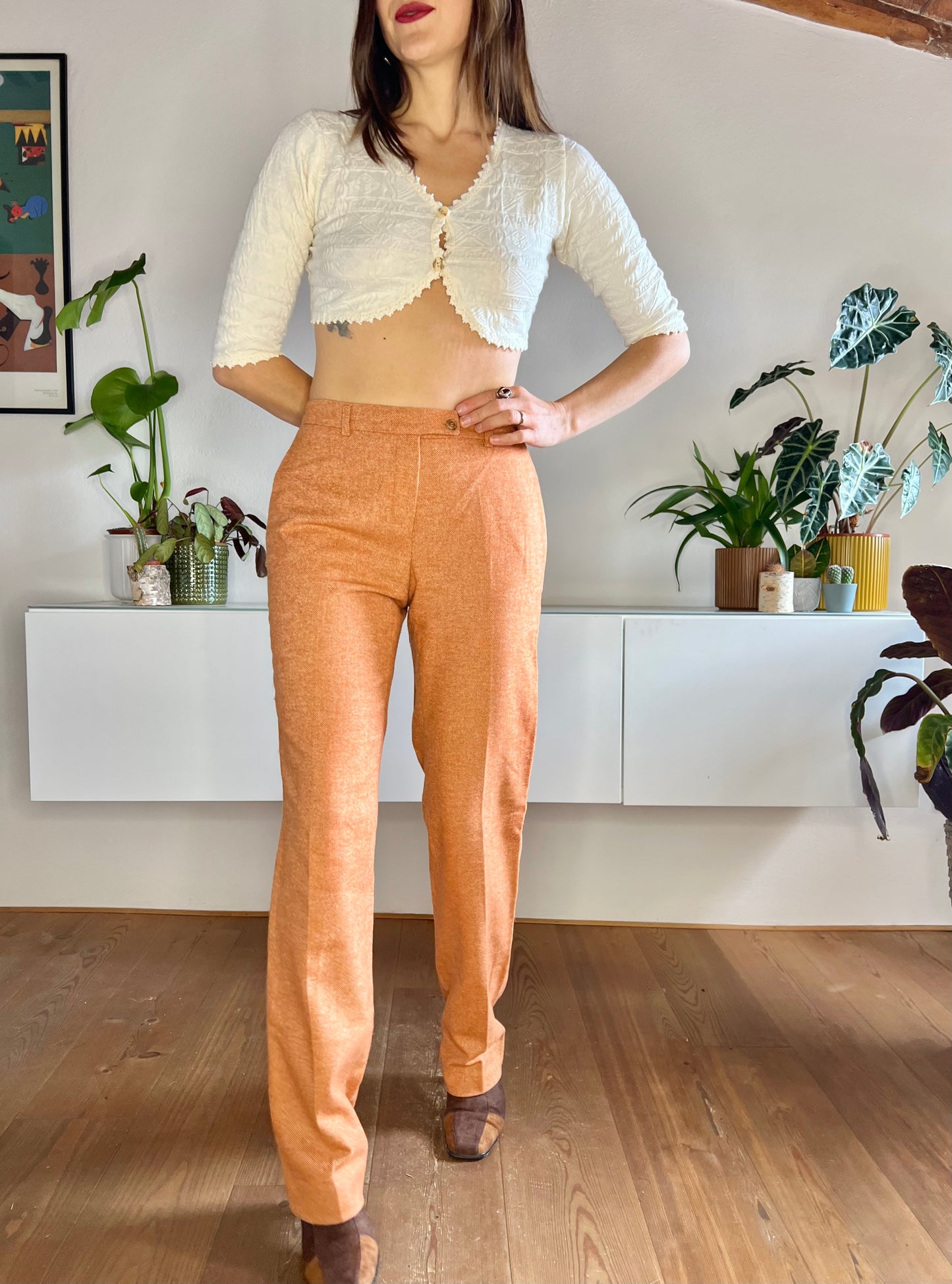 1990's vintage orange and cream textured wide leg wool trousers