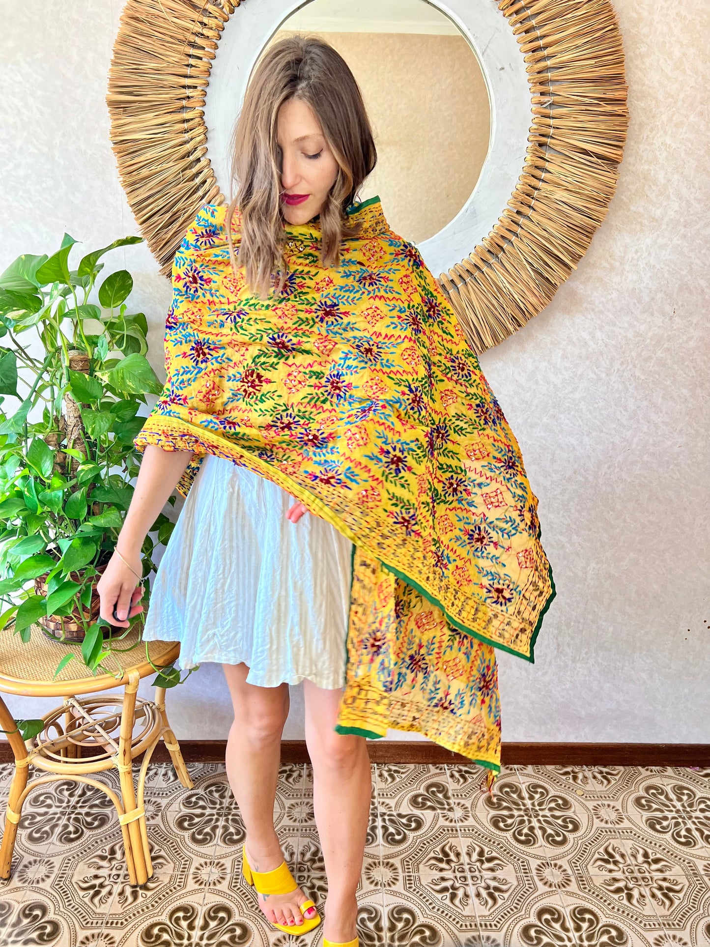 1970's vintage multicolor hand embroidered floral shawl