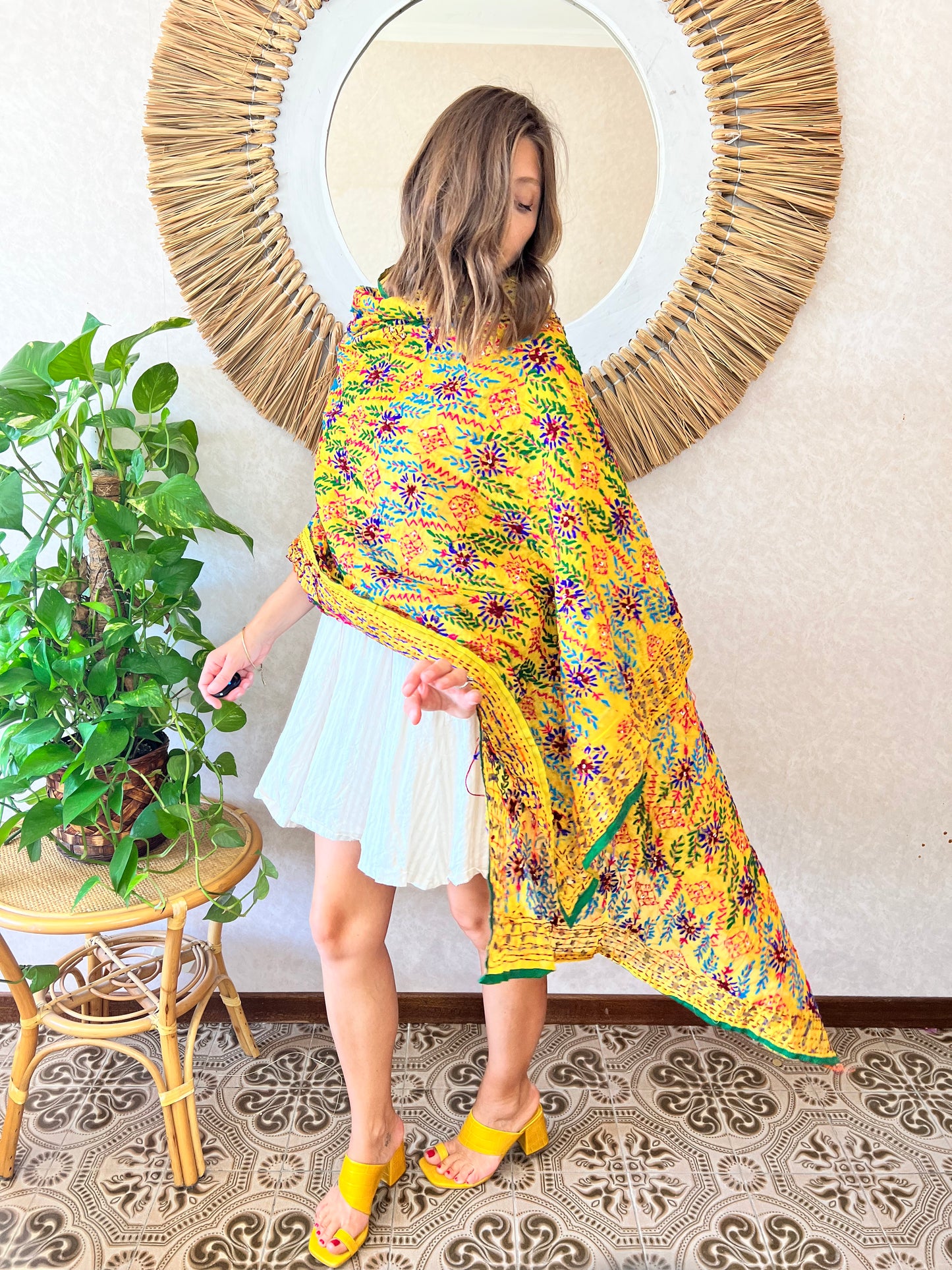 1970's vintage multicolor hand embroidered floral shawl