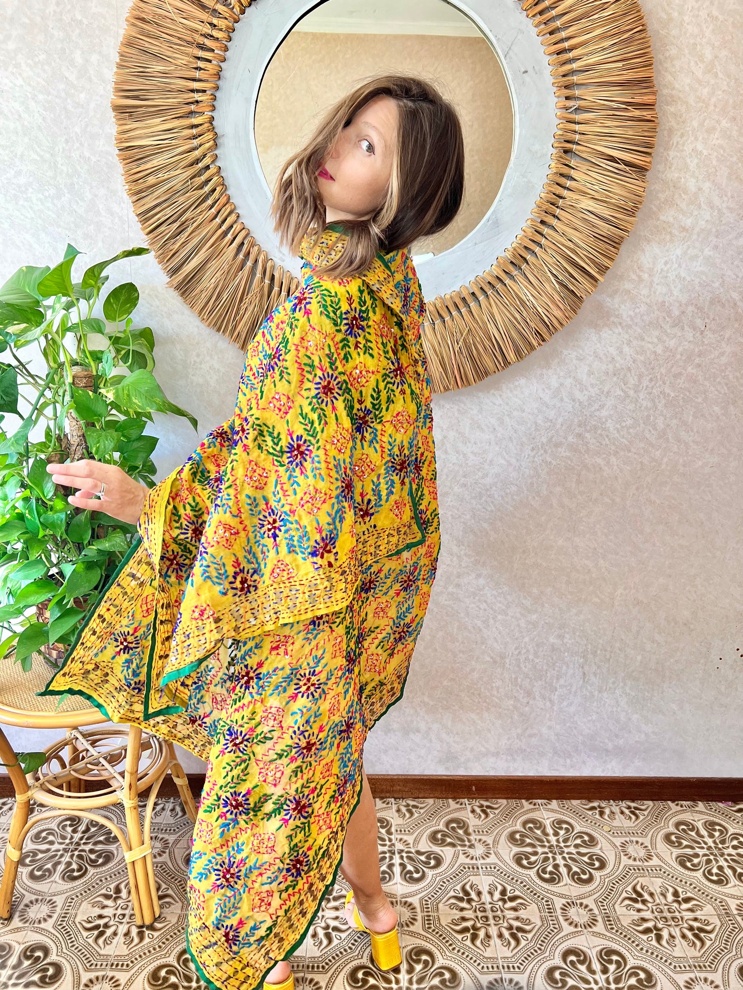 1970's vintage multicolor hand embroidered floral shawl