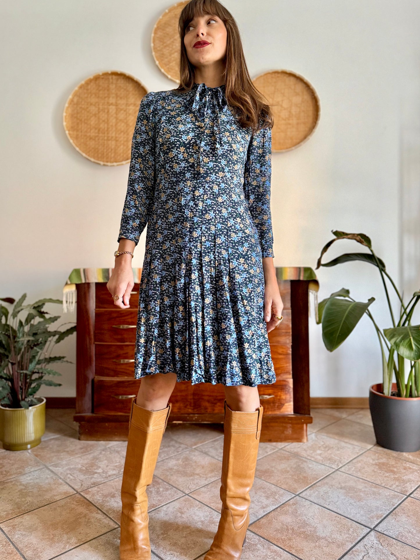 1970's vintage navy blue floral midi dress with bot tie neck
