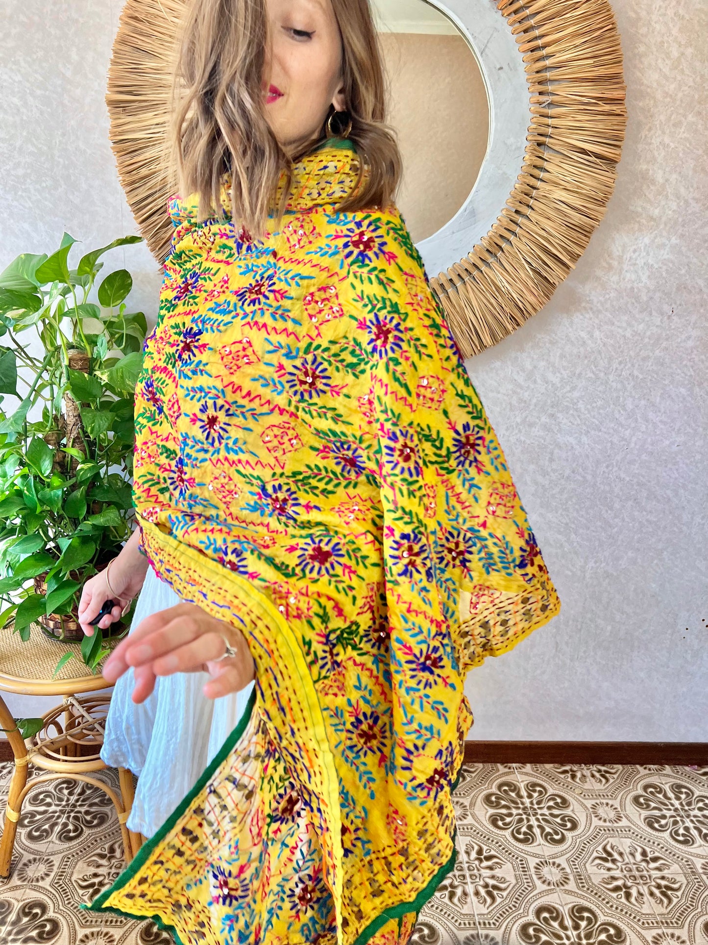 1970's vintage multicolor hand embroidered floral shawl