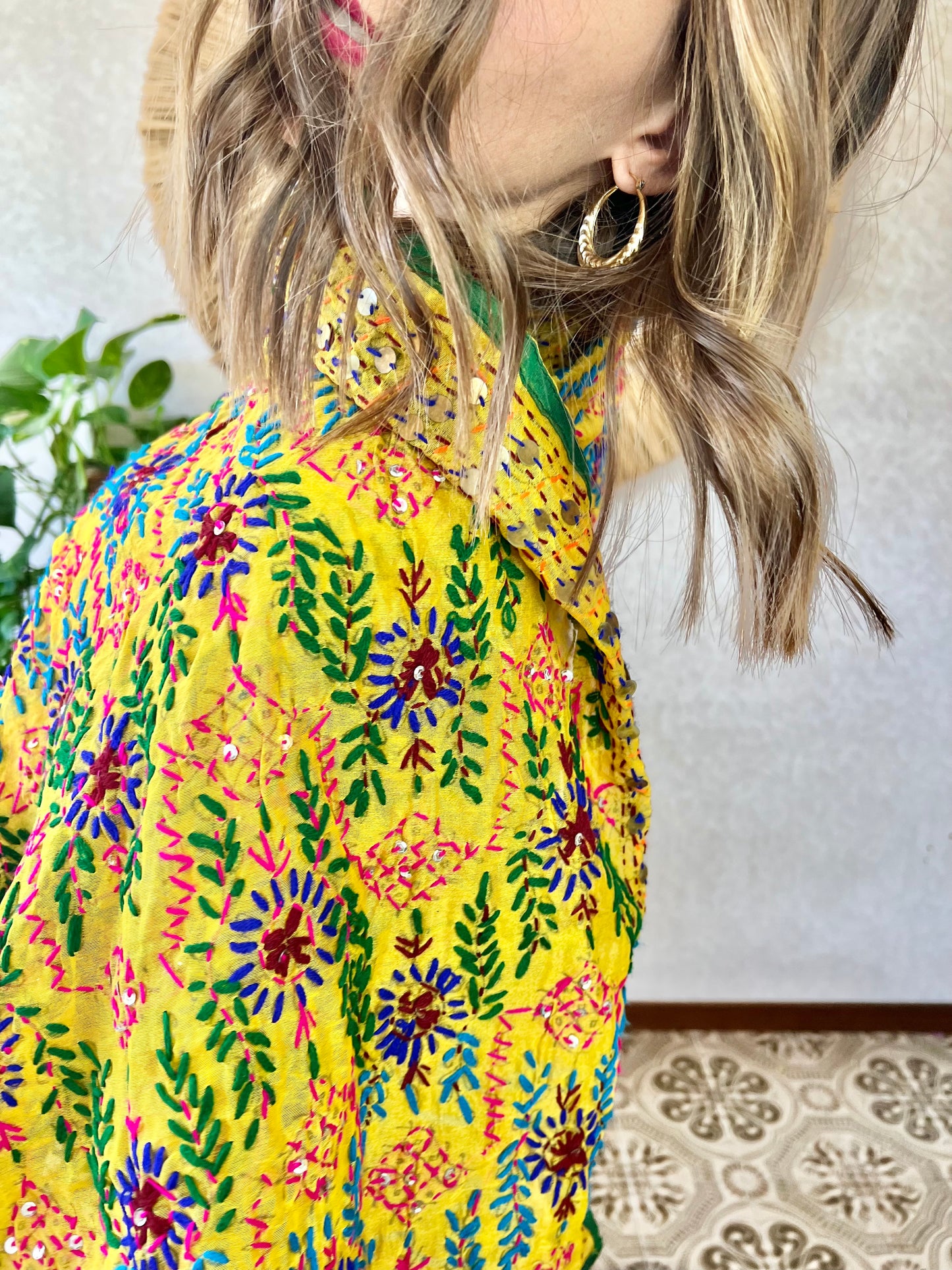 1970's vintage multicolor hand embroidered floral shawl
