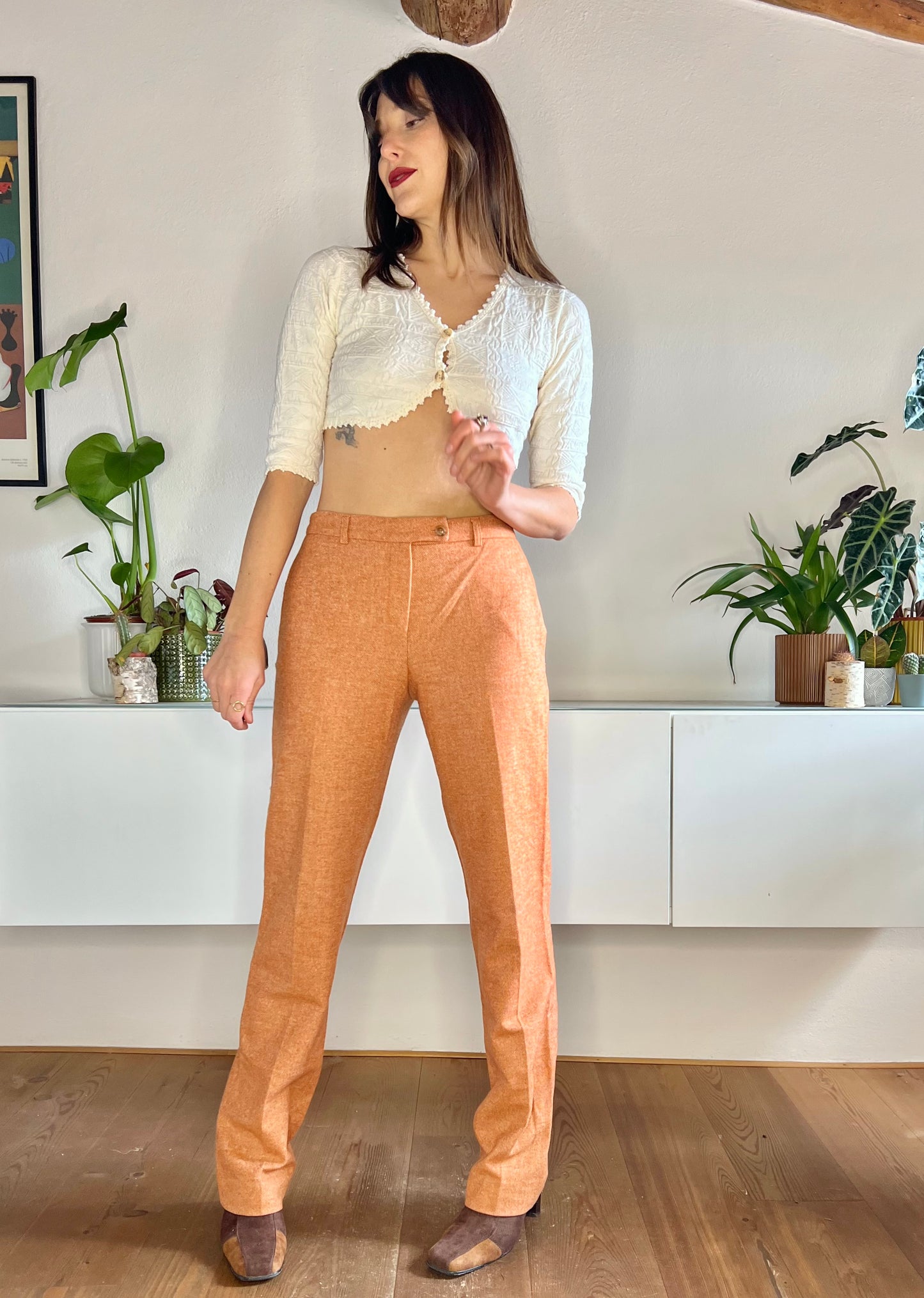 1990's vintage orange and cream textured wide leg wool trousers
