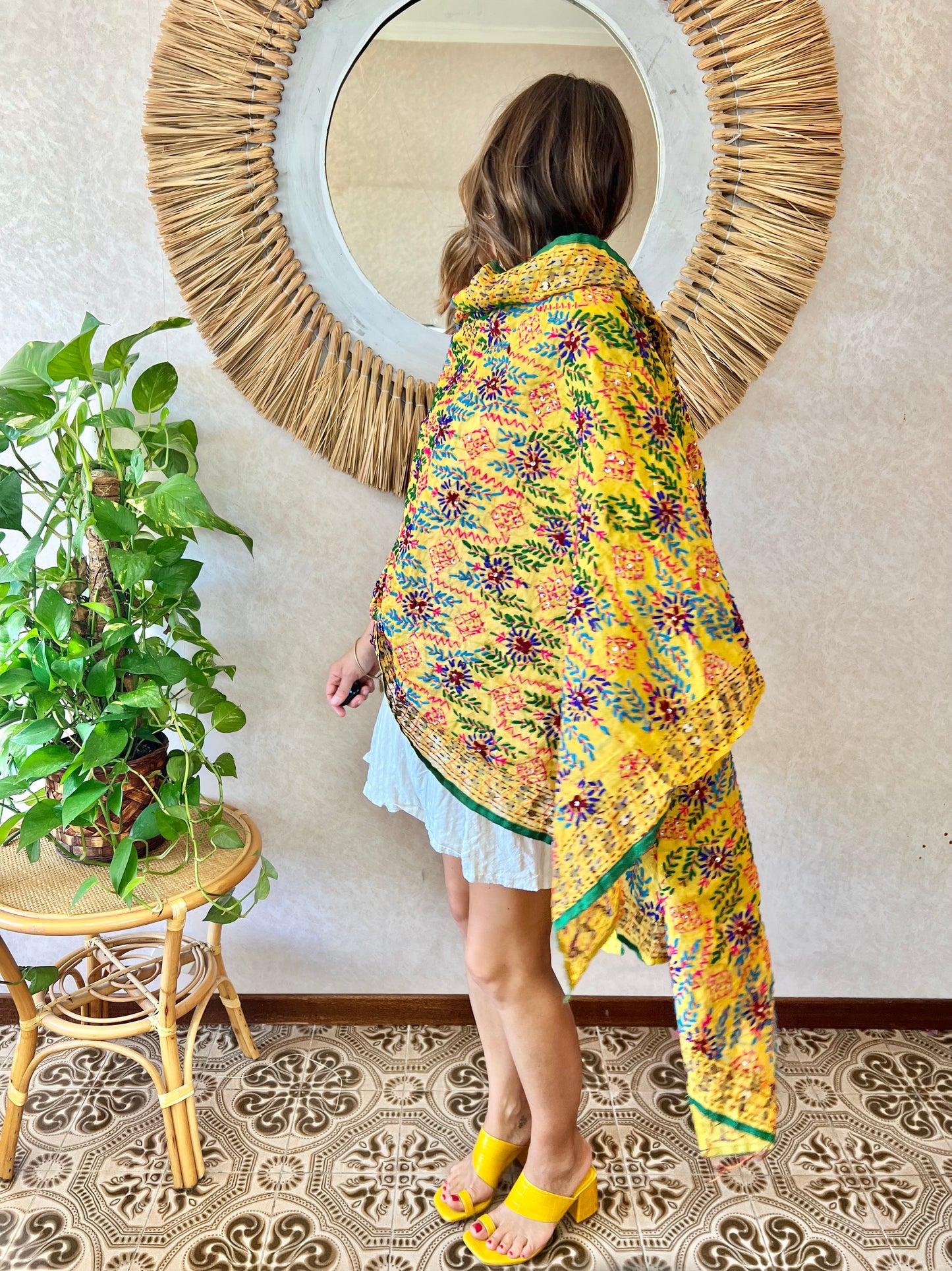 1970's vintage multicolor hand embroidered floral shawl