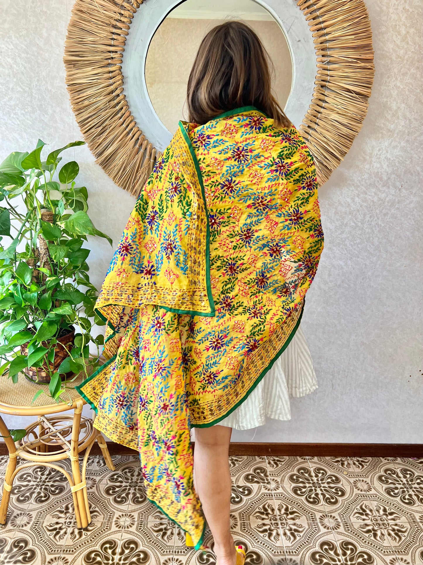 1970's vintage multicolor hand embroidered floral shawl